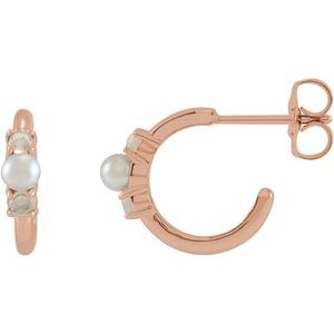14K Rose Gold Cultured White Seed Pearl & Natural White Ethiopian Opal Huggie Earrings