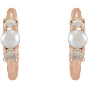 14K Rose Gold Cultured White Seed Pearl & Natural White Ethiopian Opal Huggie Earrings