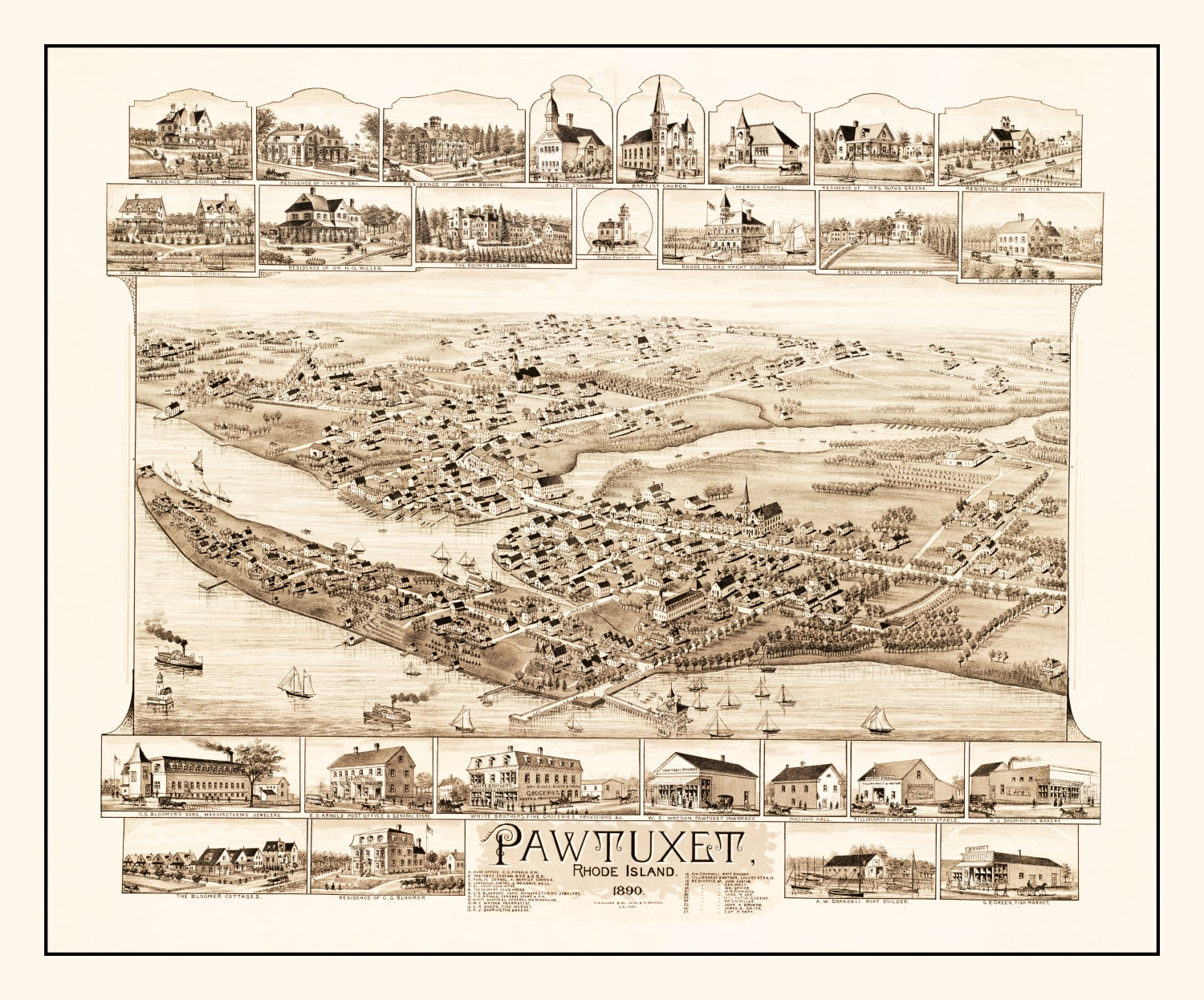 Vintage Map of Pawtuxet, Rhode Island 1890