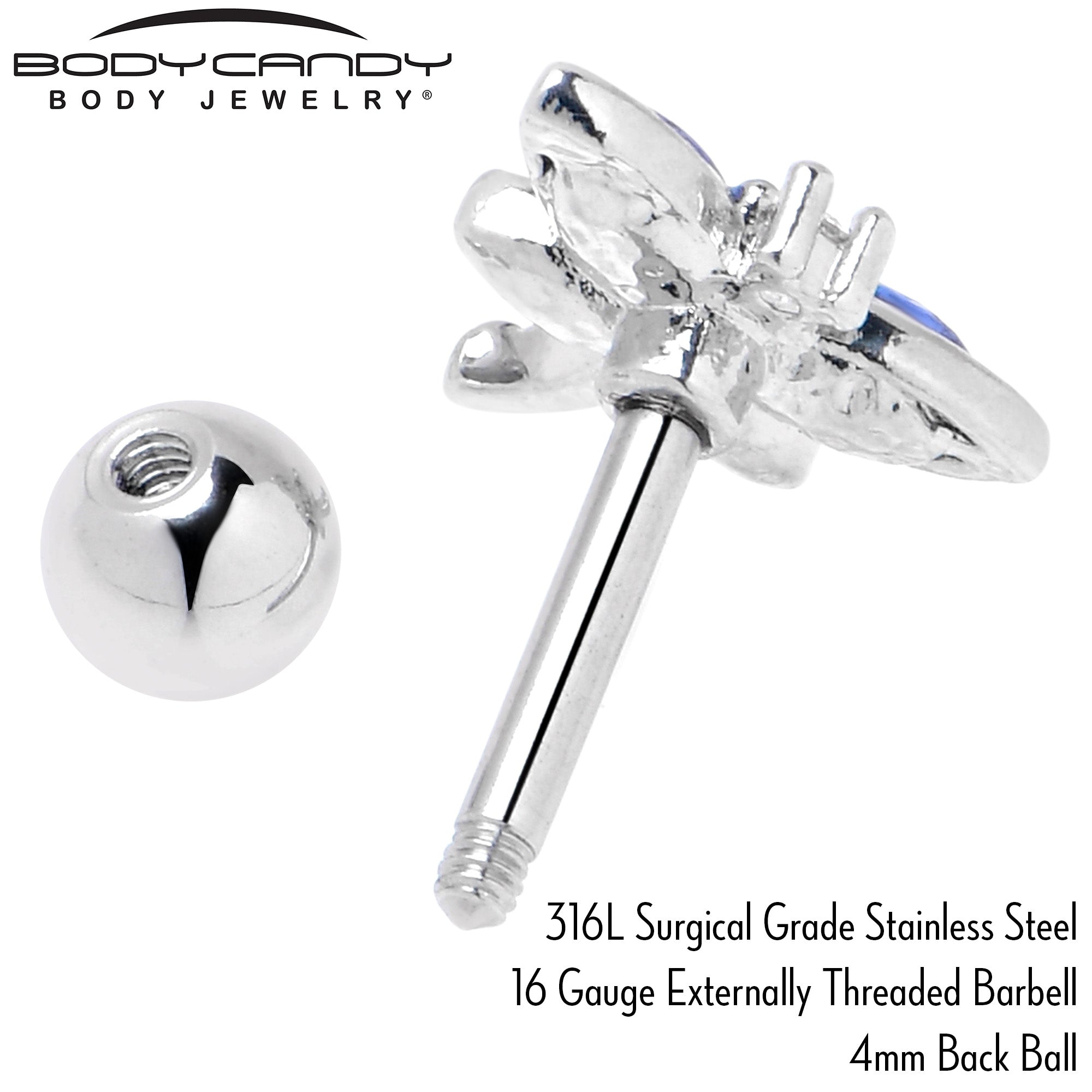 16G 1/4 Blue CZ Gem Dragonfly Style Cartilage Tragus Earring