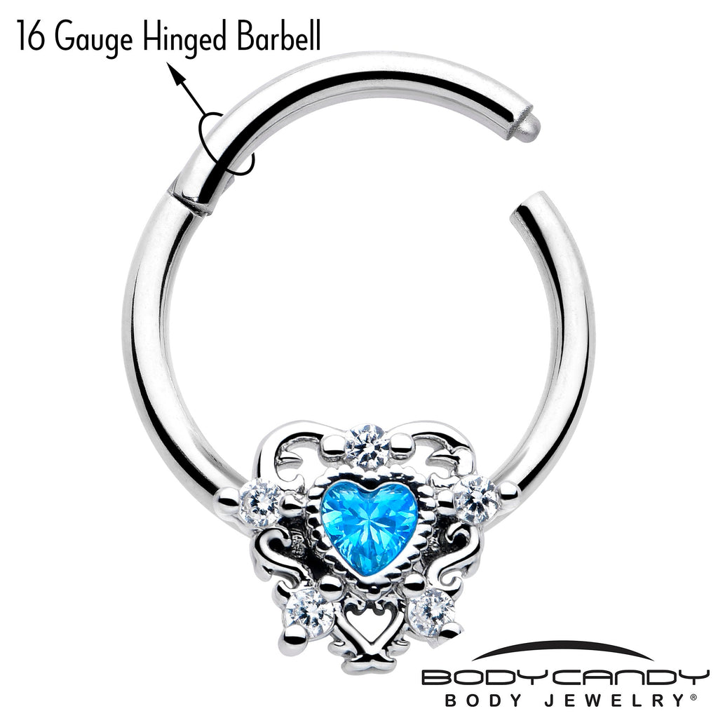 16G 3/8 Blue Clear CZ Gem Heart Pair Hinged Segment Ring