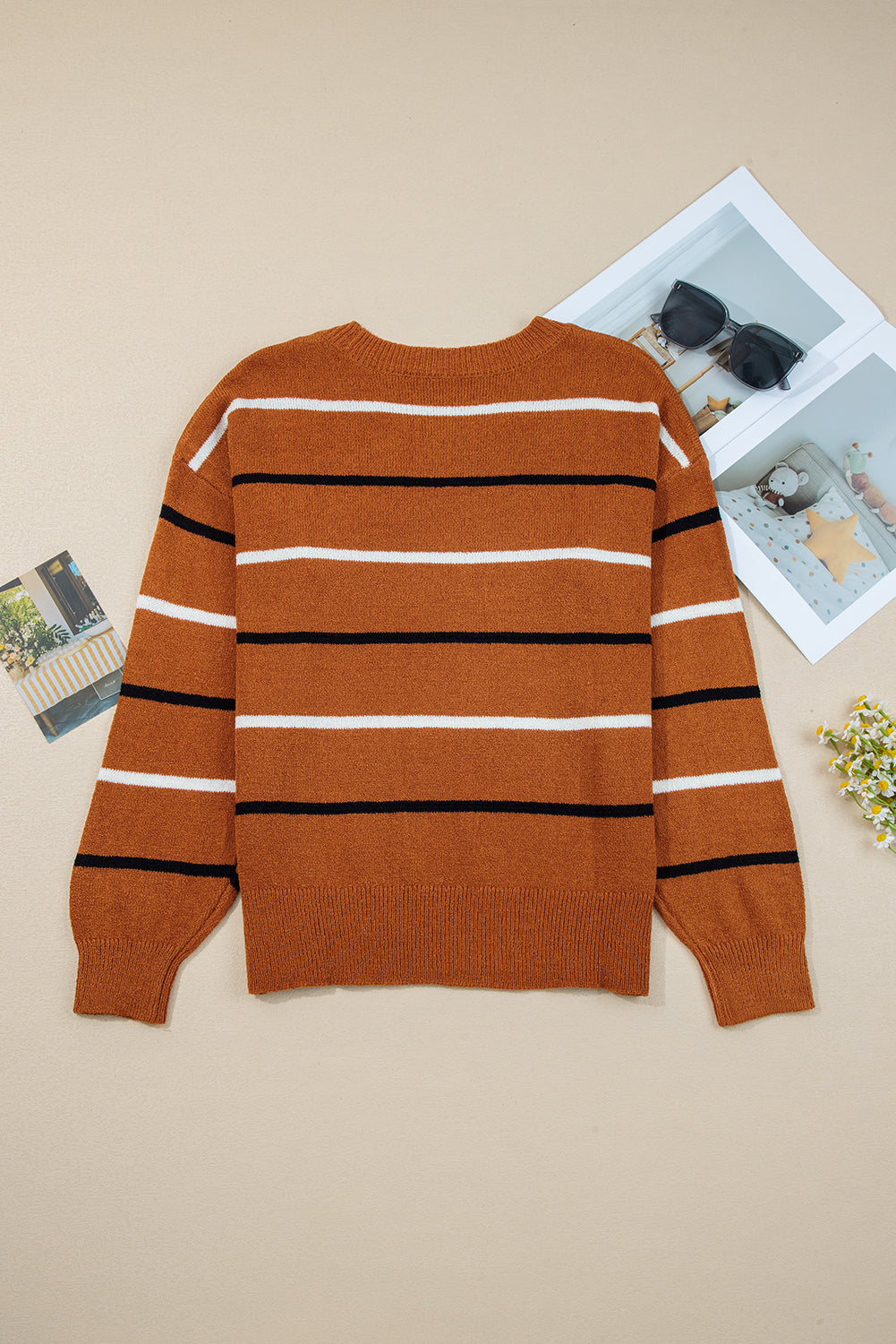 Stripe Ribbed Trim Drop Shoulder Sweater