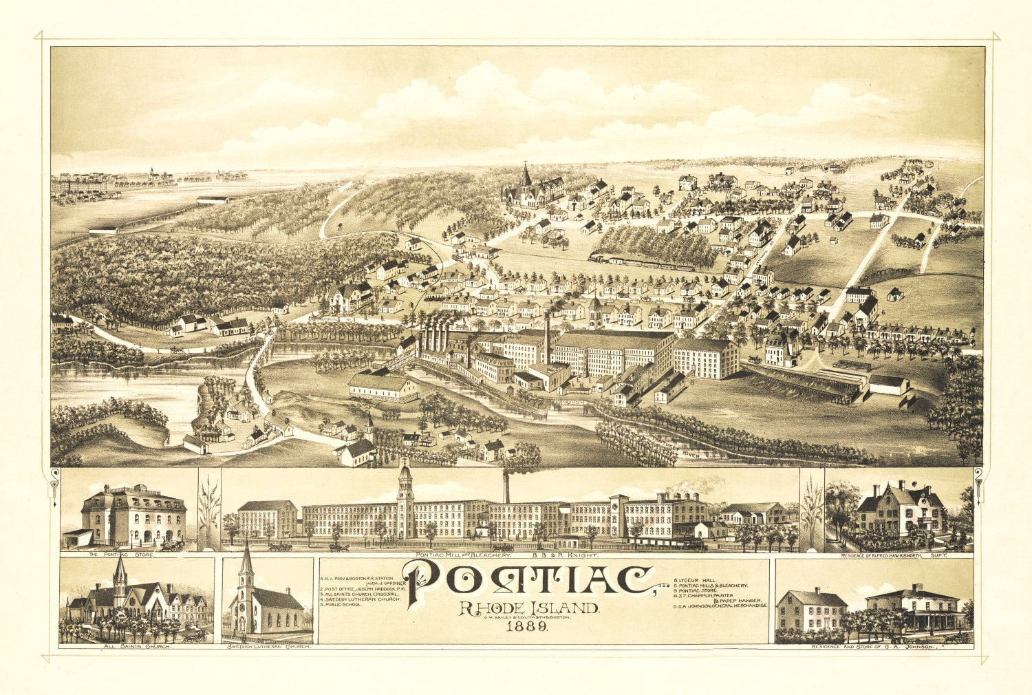 Vintage Map of Pontiac, Rhode Island 1889