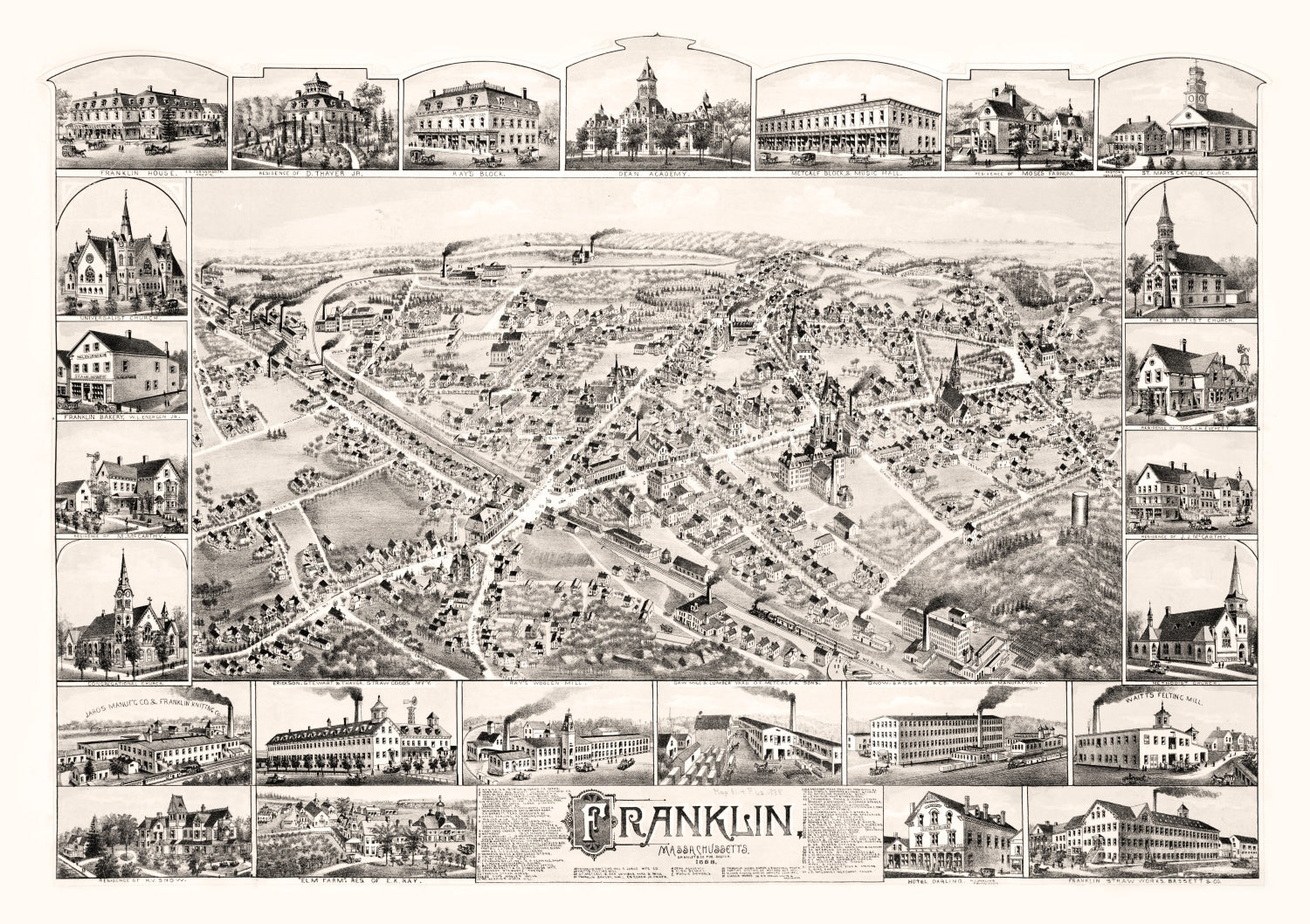 Vintage Map of Franklin, Massachusetts 1888