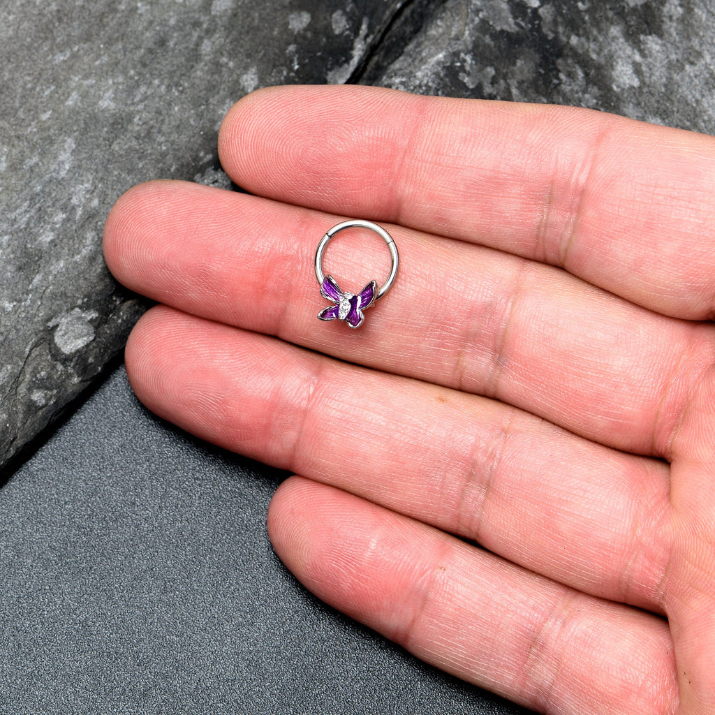 16G 3/8 Clear Gem Chunky Butterfly Purple Hinged Segment Ring