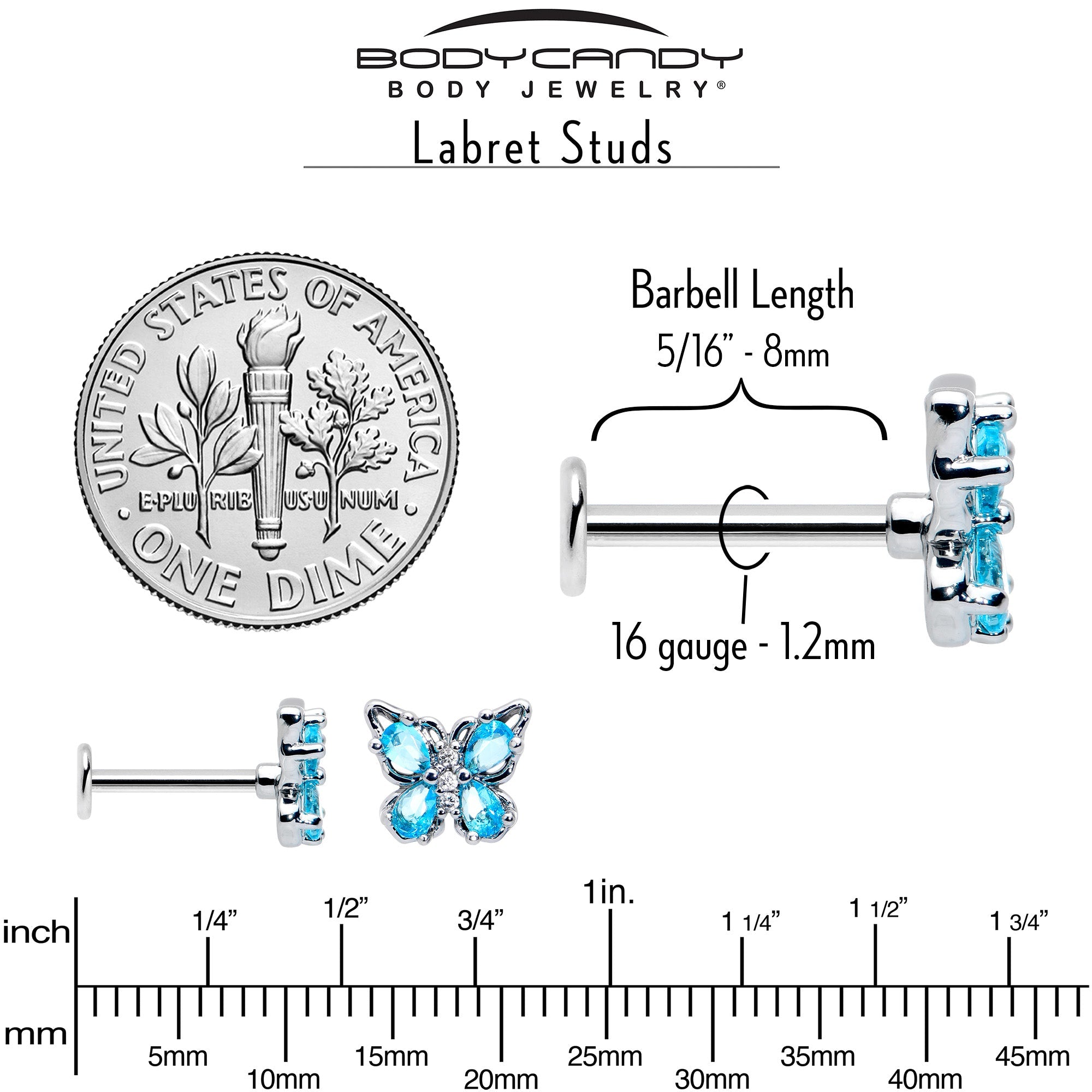 16G 5/16 Blue Gem Baroque Butterfly Internally Threaded Labret