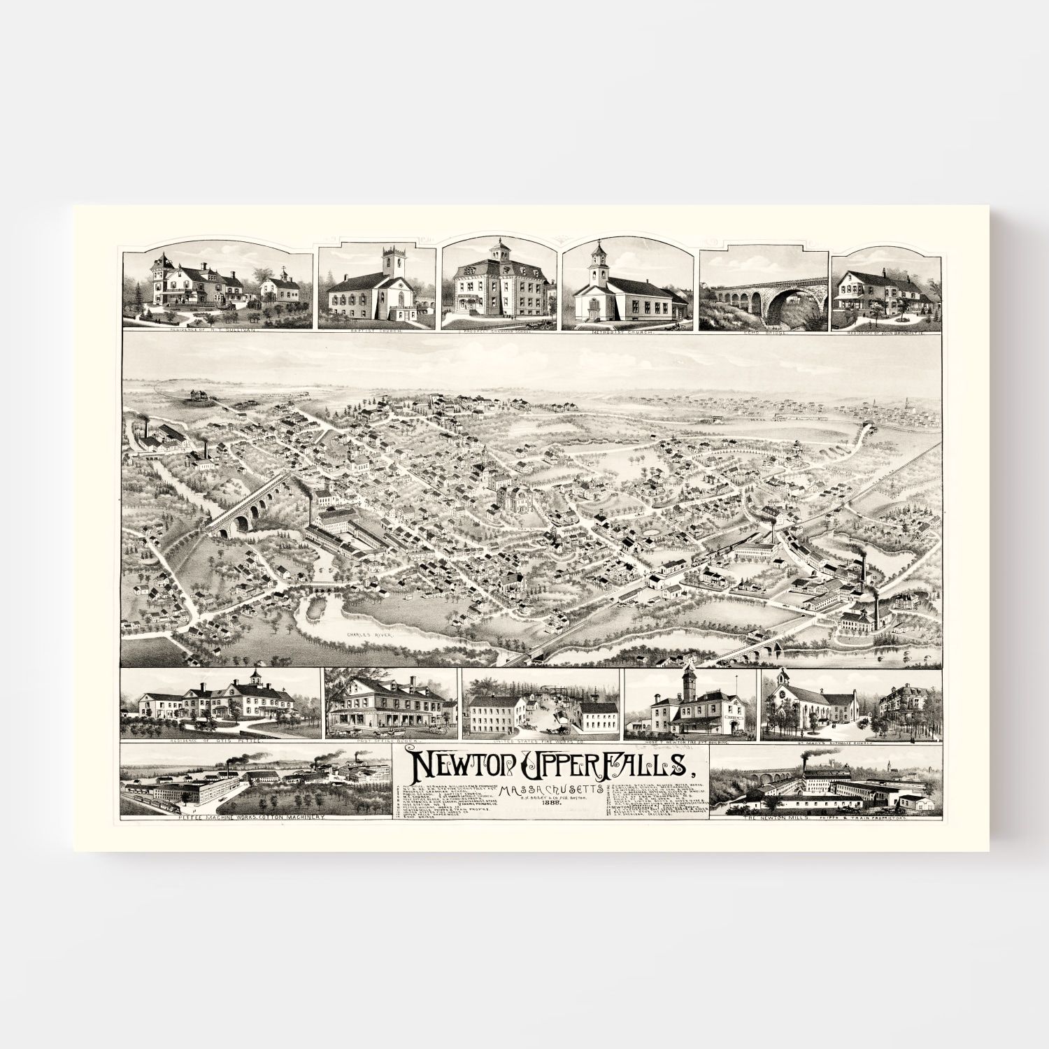 Vintage Map of Newton Upper Falls, Massachusetts 1888