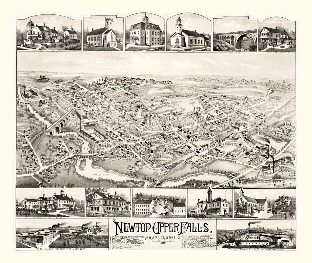 Vintage Map of Newton Upper Falls, Massachusetts 1888