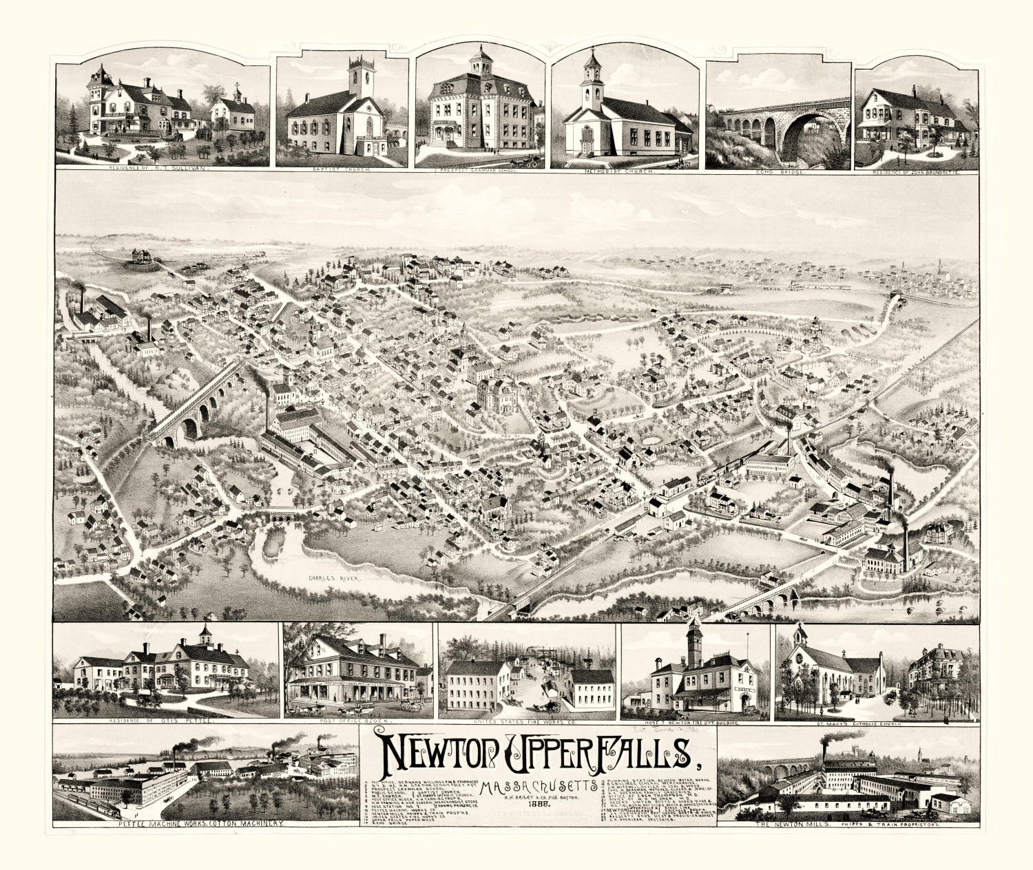 Vintage Map of Newton Upper Falls, Massachusetts 1888
