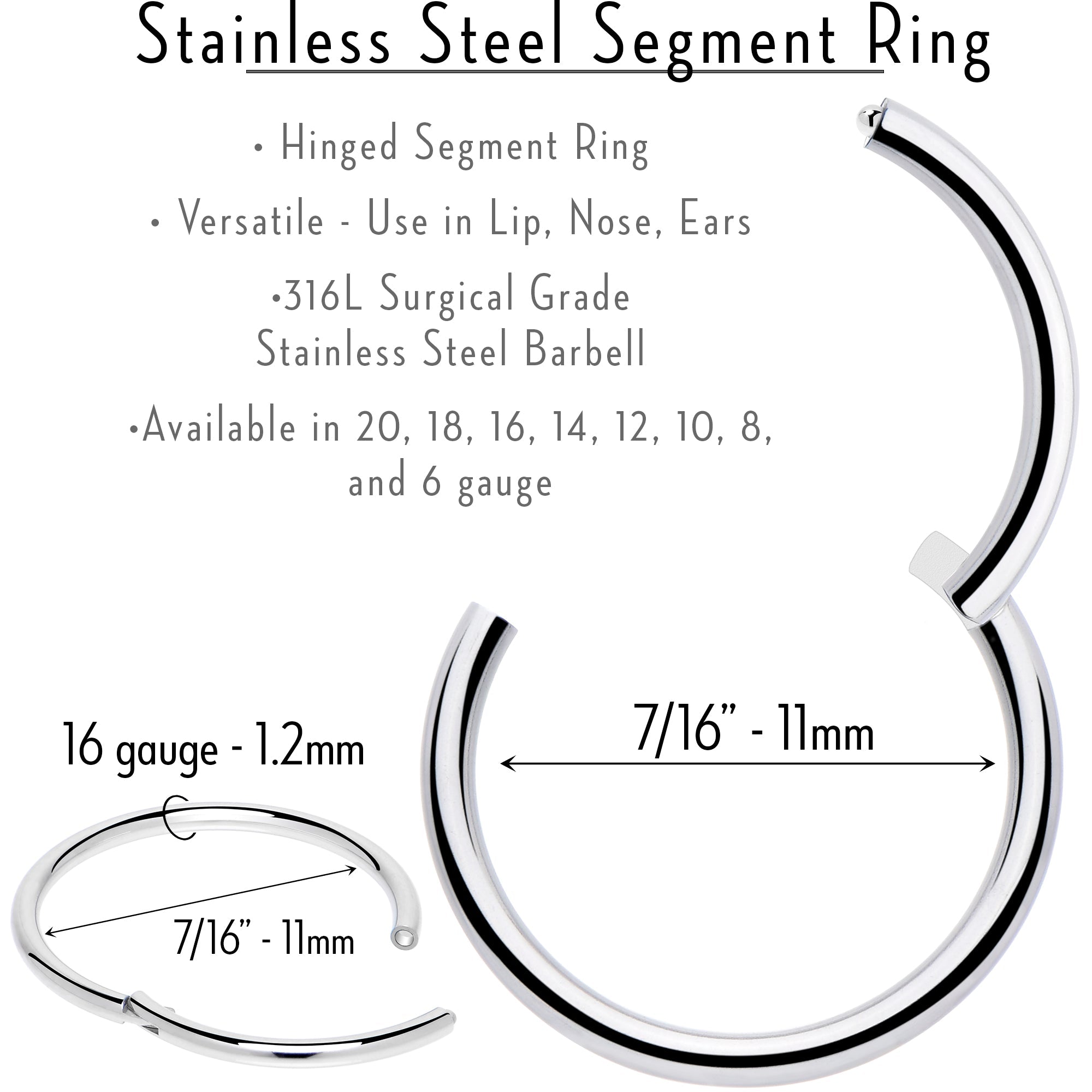16G 7/16 316L Surgical Steel Precision Hinged Segment Hoop