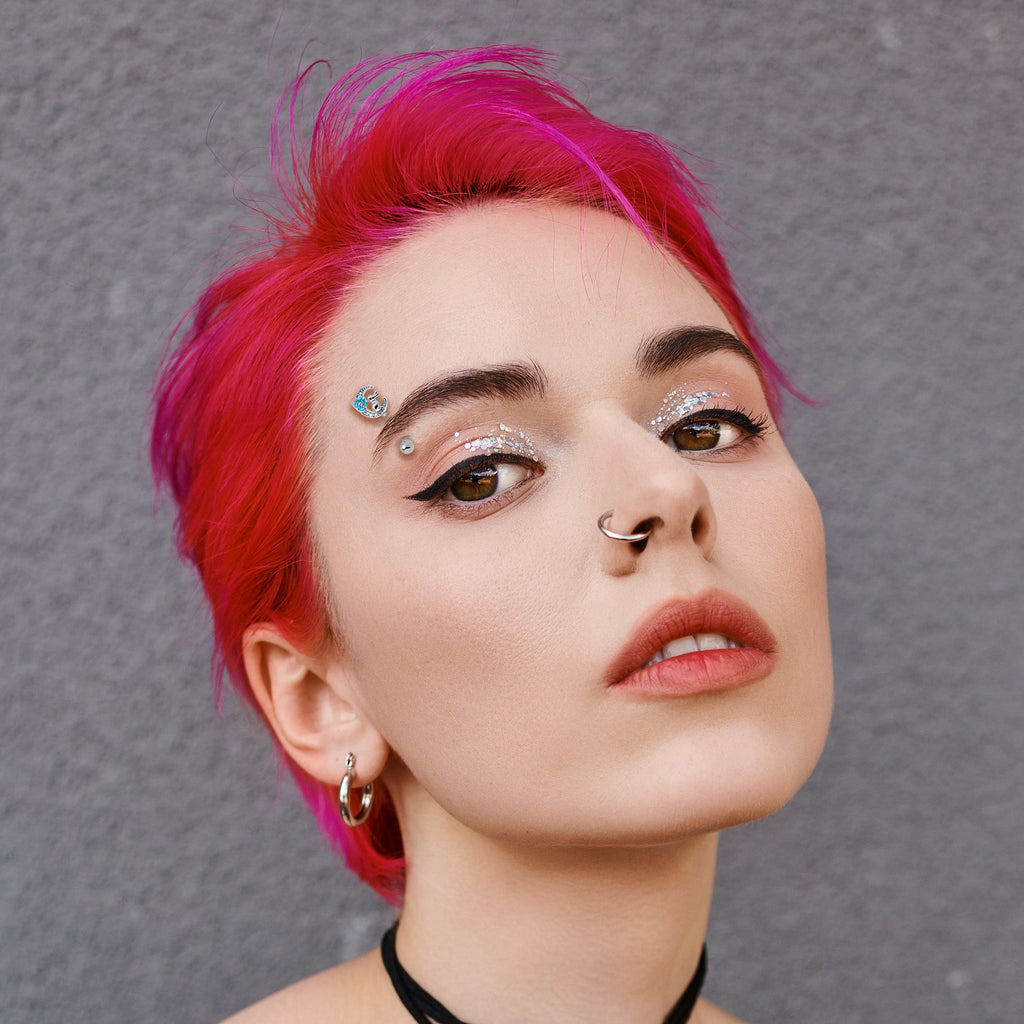 16G 5/16 Clear CZ Gem Rabbit On The Moon Blue Curved Eyebrow Ring