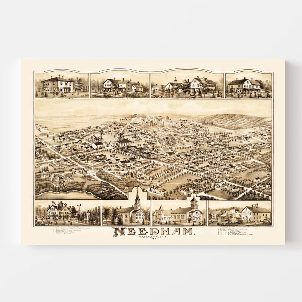 Vintage Map of Needham, Massachusetts 1887