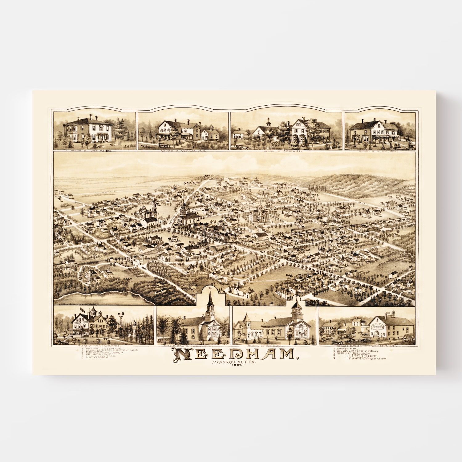 Vintage Map of Needham, Massachusetts 1887