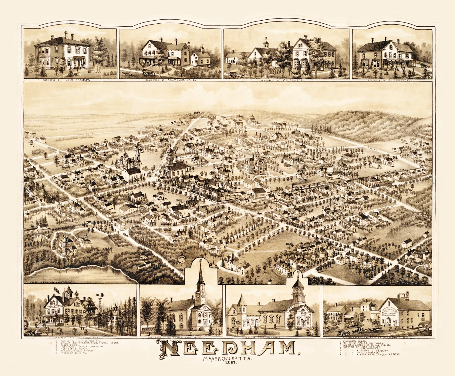 Vintage Map of Needham, Massachusetts 1887