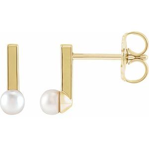 14K Yellow Gold Cultured Seed Pearl Bar Earrings