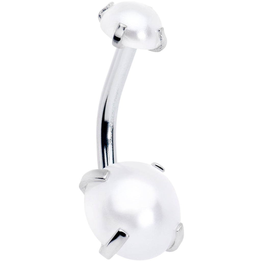 Opaque White Faux Pearl June Birthstone Double Mount Belly Ring