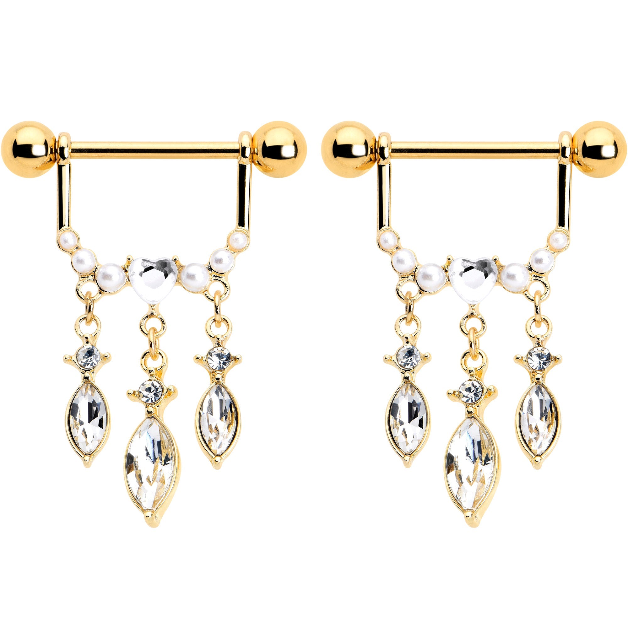 14G 9/16 Clear Gem Gold Tone Heart Triple Dangle Nipple Ring Set