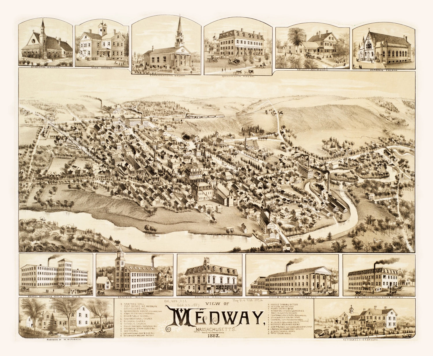 Vintage Map of Medway, Massachusetts 1887