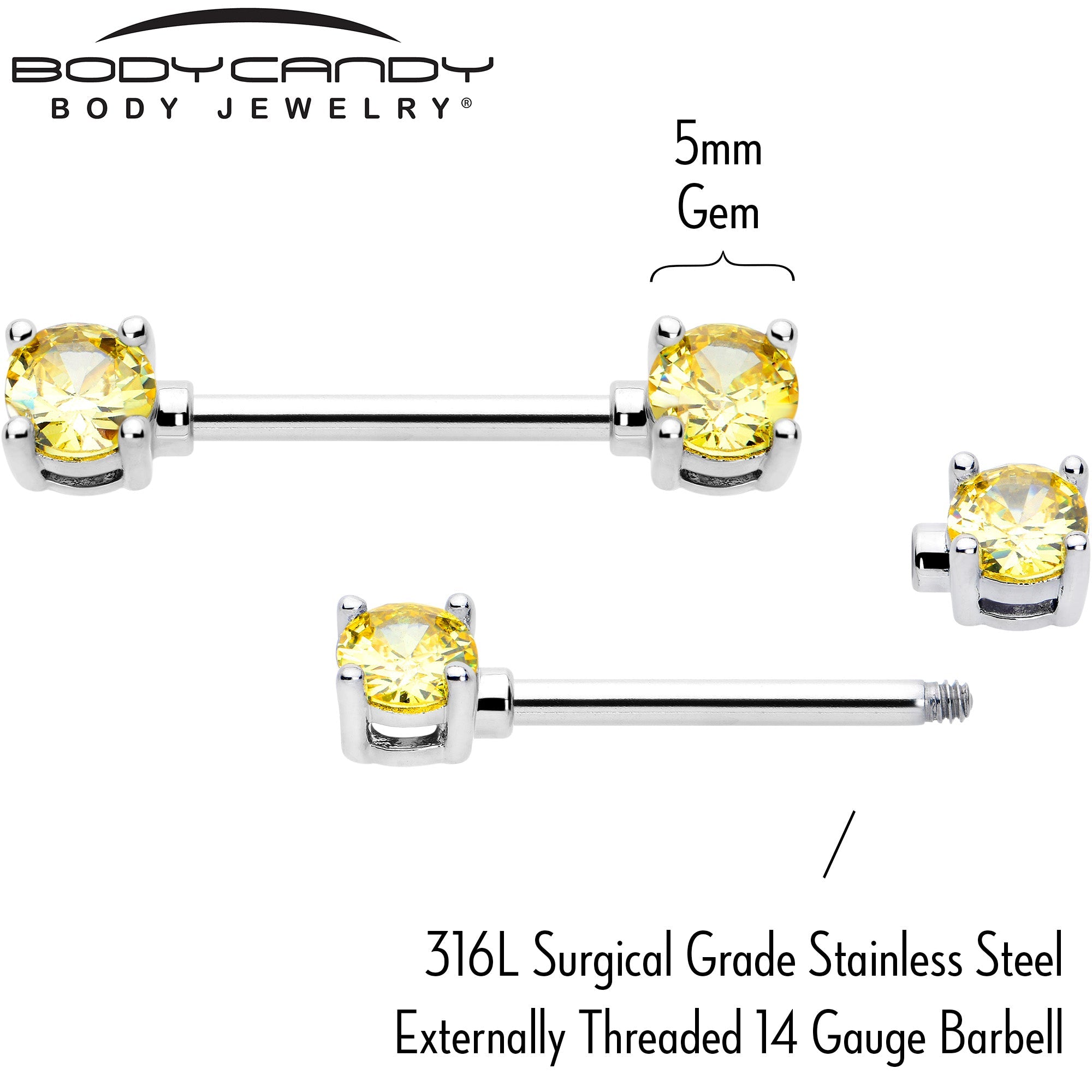 14G 9/16 Yellow CZ Gem November Birthstone Nipple Ring Set