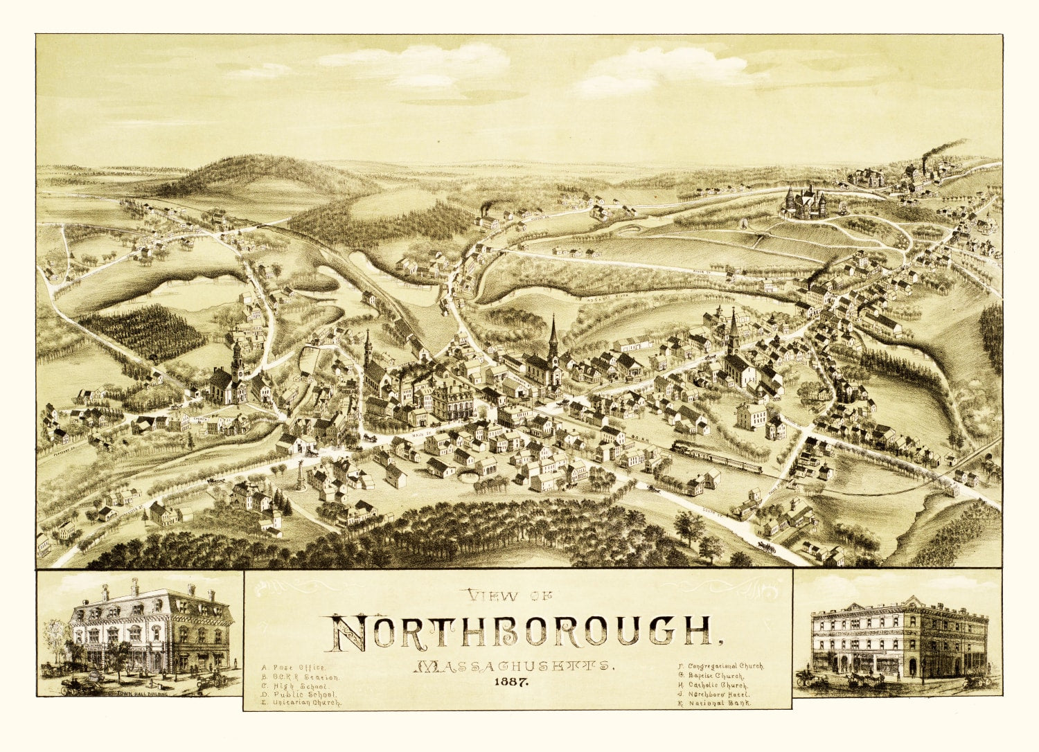 Vintage Map of Northborough, Massachusetts 1887