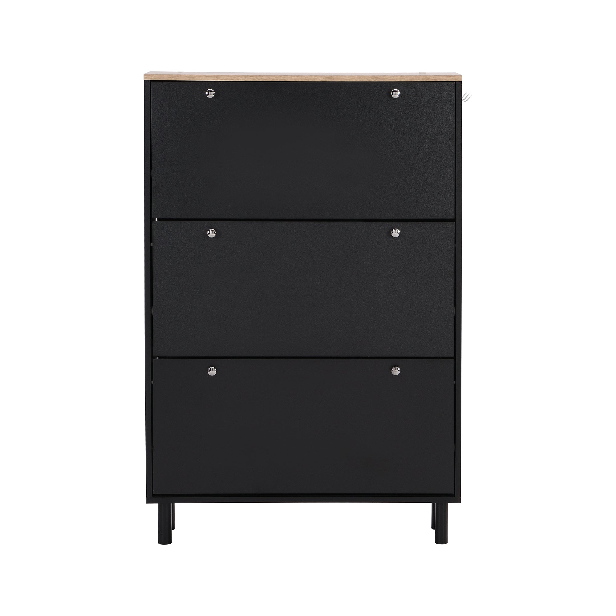 ON-TREND Narrow Design Tipping Bucket Shoe Cabinet with 3 Flip Drawers, Wood Grain Pattern Top Entryway Organizer with 3 Hooks, Free Standing Shoe Rack with Adjustable Panel for Hallway, Black