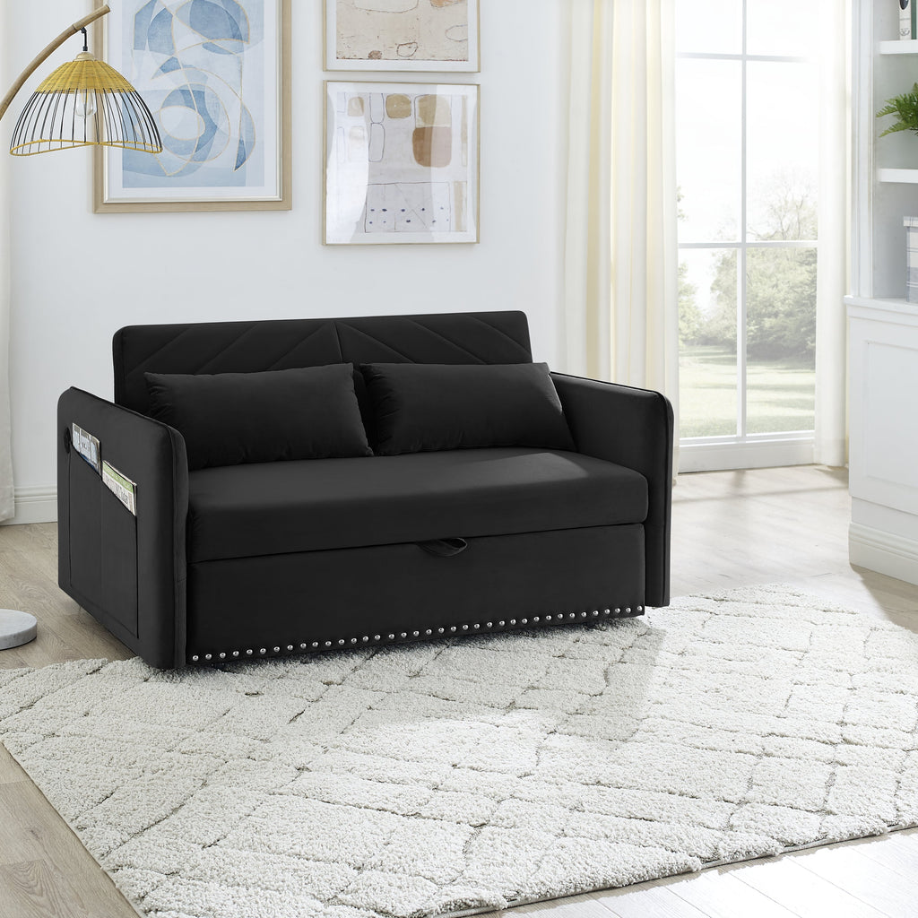 MH' Sleeper Sofa Bed w/USB Port, 3-in-1 adjustable sleeper with pull-out bed, 2 lumbar pillows and side pocket, soft velvet convertible sleeper sofa bed, suitable for living room bedroom