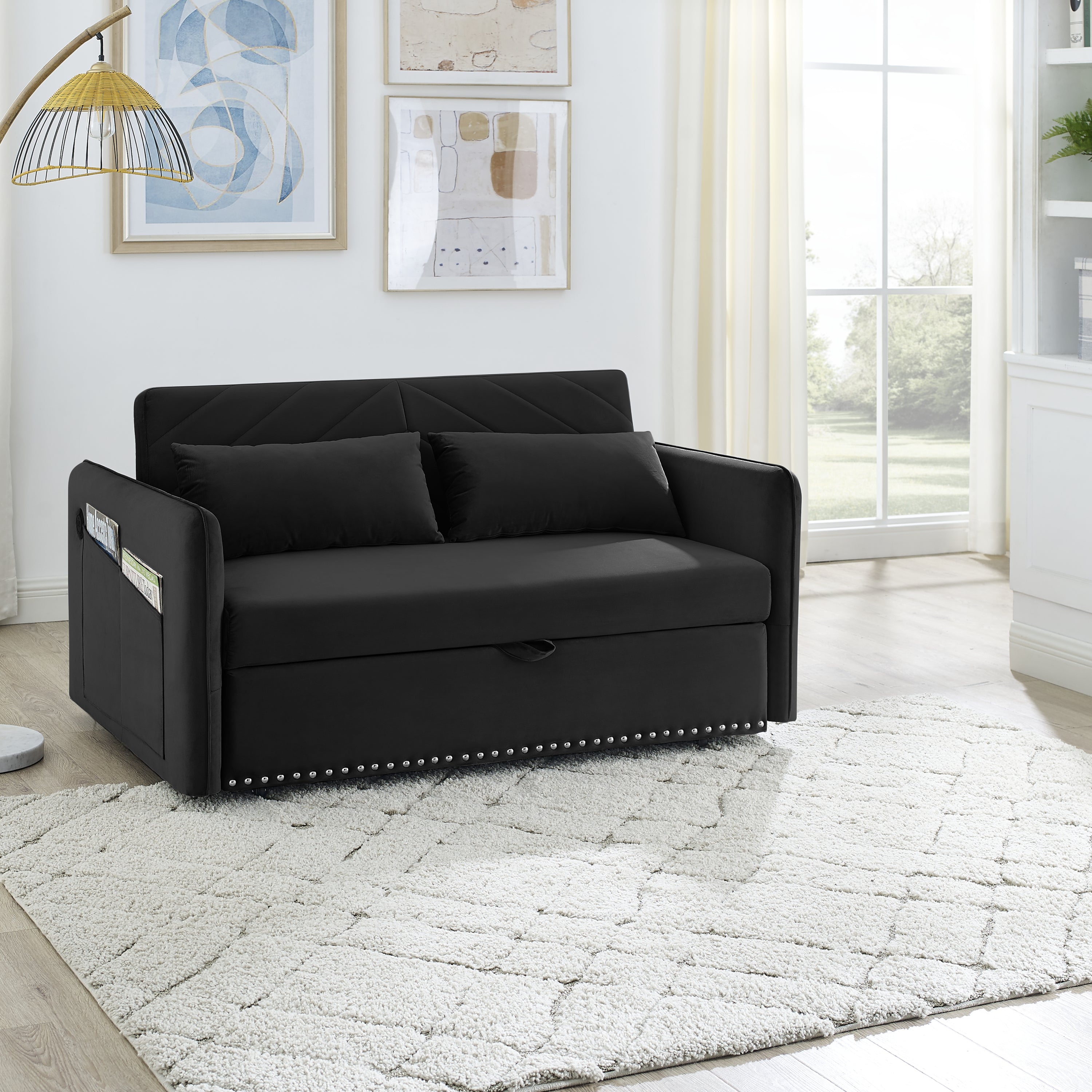 MH' Sleeper Sofa Bed w/USB Port, 3-in-1 adjustable sleeper with pull-out bed, 2 lumbar pillows and side pocket, soft velvet convertible sleeper sofa bed, suitable for living room bedroom