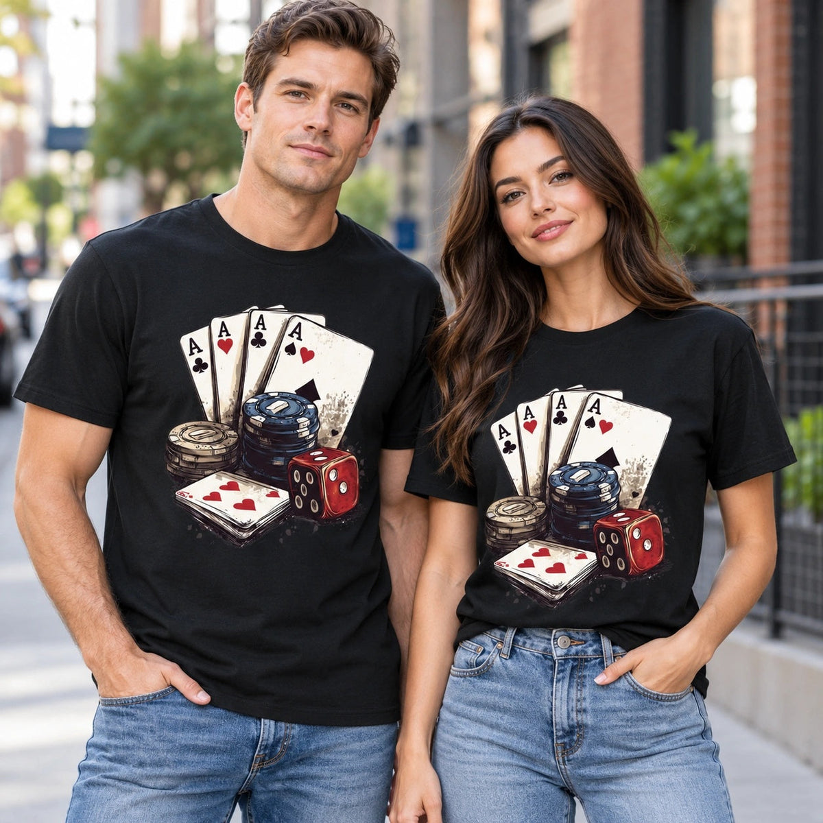 Vintage Playing Cards Aces Dice Poker Cotton Graphic T-shirt for Men & Women