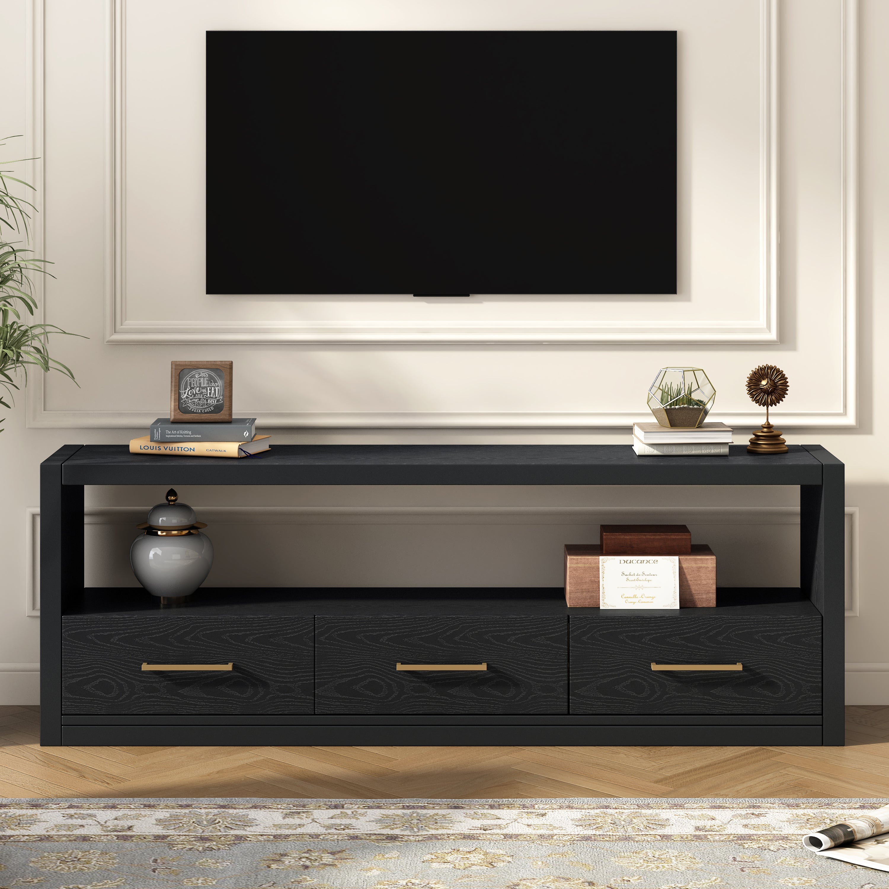 Mirod Stylish TV Stand with Ample Storage,Classic Design with Three Drawers and Spacious Surface,Minimalist Metal Handles,Versatile as TV Console or Side Cabinet