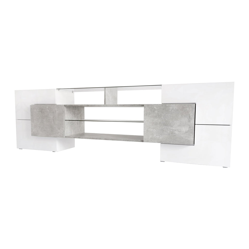 ON-TREND Unique Shape TV Stand with 2 Illuminated Glass Shelves, High Gloss Entertainment Center for TVs Up to 88', Versatile TV Cabinet with LED Color Changing Lights for Living Room, Grey