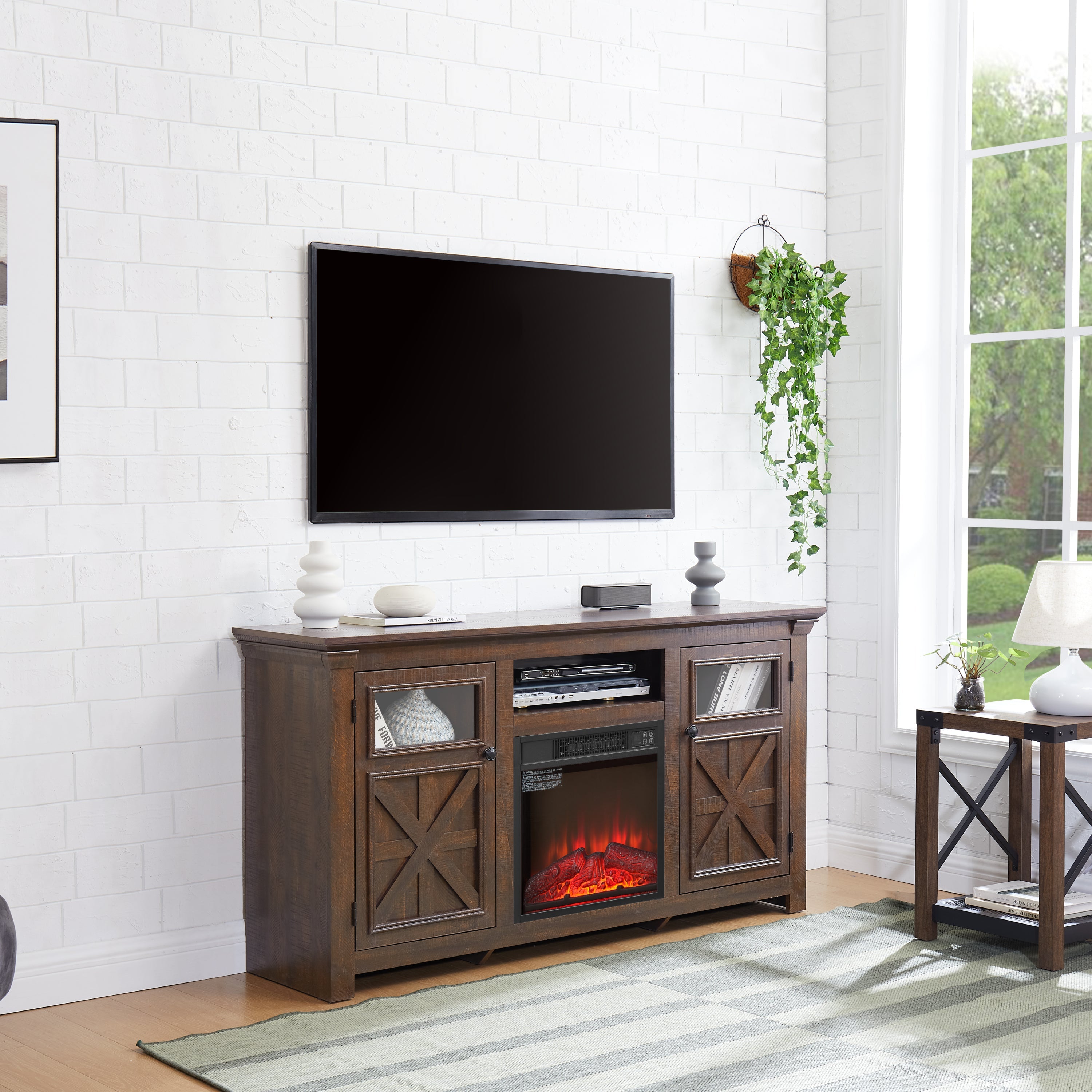 2 Doors Cabinet Farmhouse  Cabinet, Farmhouse TV Stand Barn Design,Farmhouse TV Media Stand, Large Barn Inspired Home Entertainment Console with 18' fireplace insert,Espresso,60.23'W*15.35'D*31.7'H