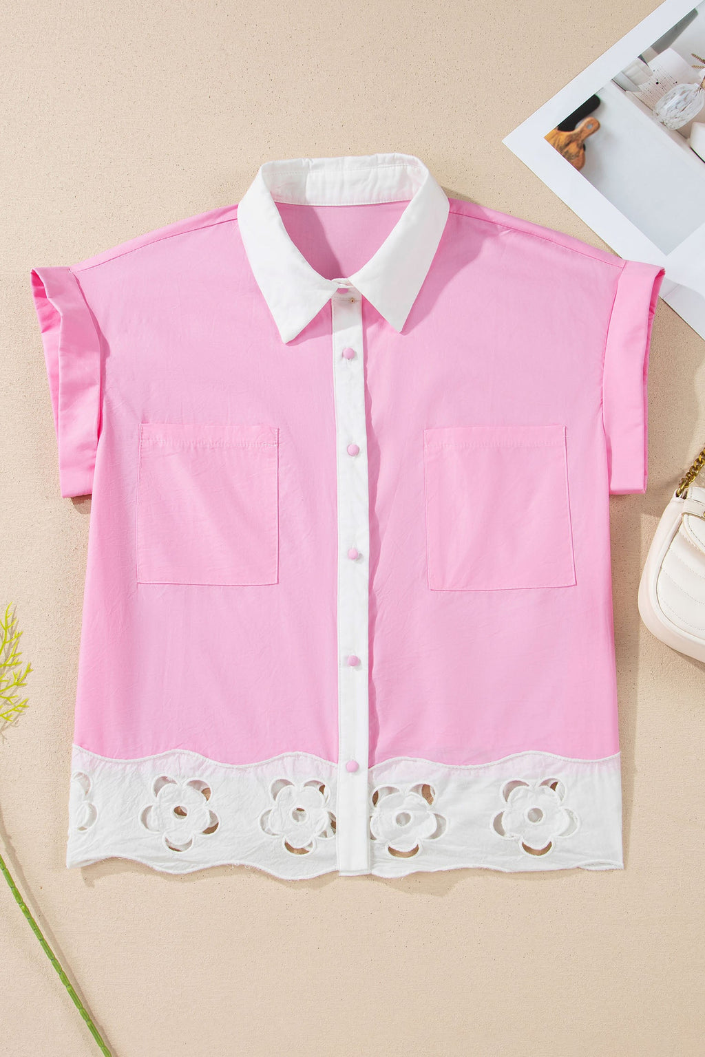 Floral Hollow Out Contrast Patchwork Shirt