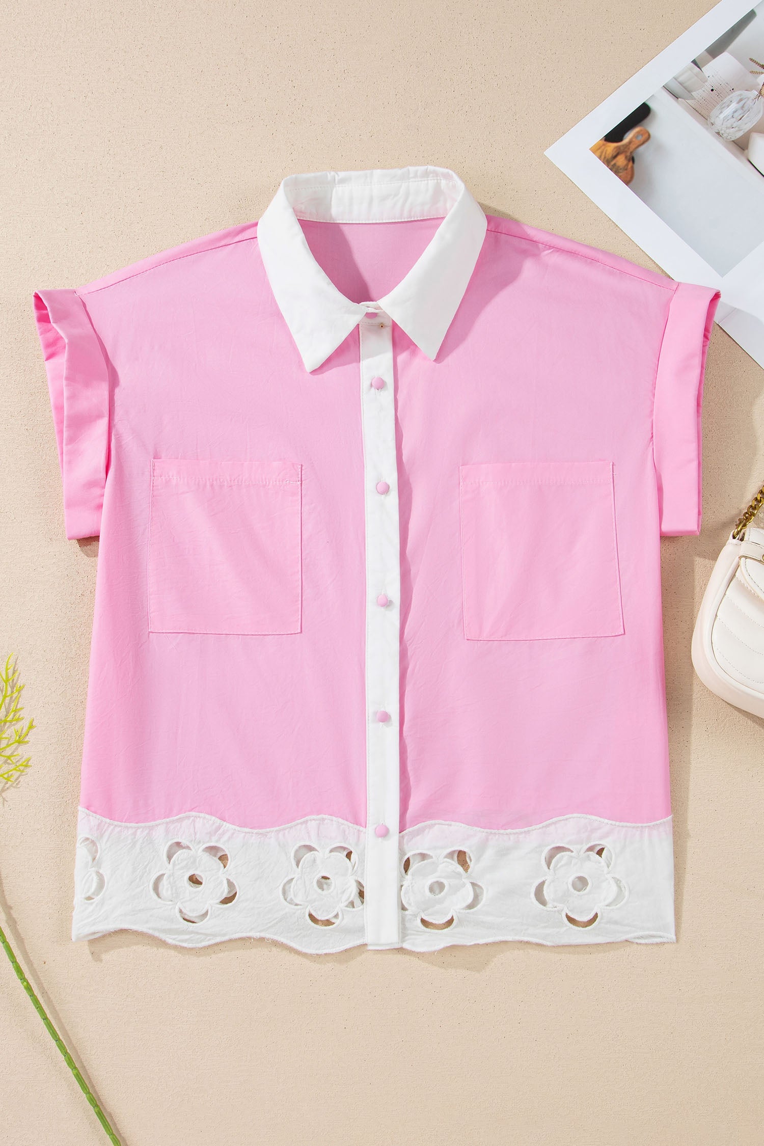 Floral Hollow Out Contrast Patchwork Shirt