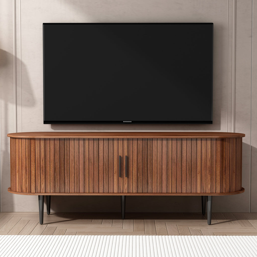 TV Stand, 55' Modern TV Console Table with Storage Compartment and Sliding Door, Gaming Entertainment Center with Cabinet for Living Room, Bedroom, Office (Walnut) BACK-TO-SCHOOL