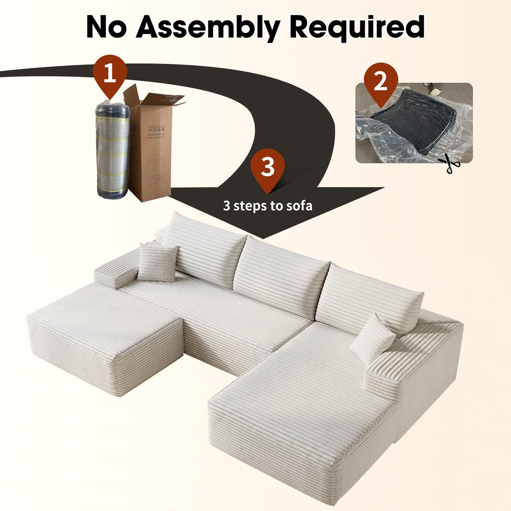 107' Cloud Sectional Sofa with 1 Ottoman,Modern Minimalist Upholstered Couches, Comfort U Shaped Sofa for Living Room,Deep Seat Corner Couch,No Assembly Required (Plush Corduroy Fabric),White