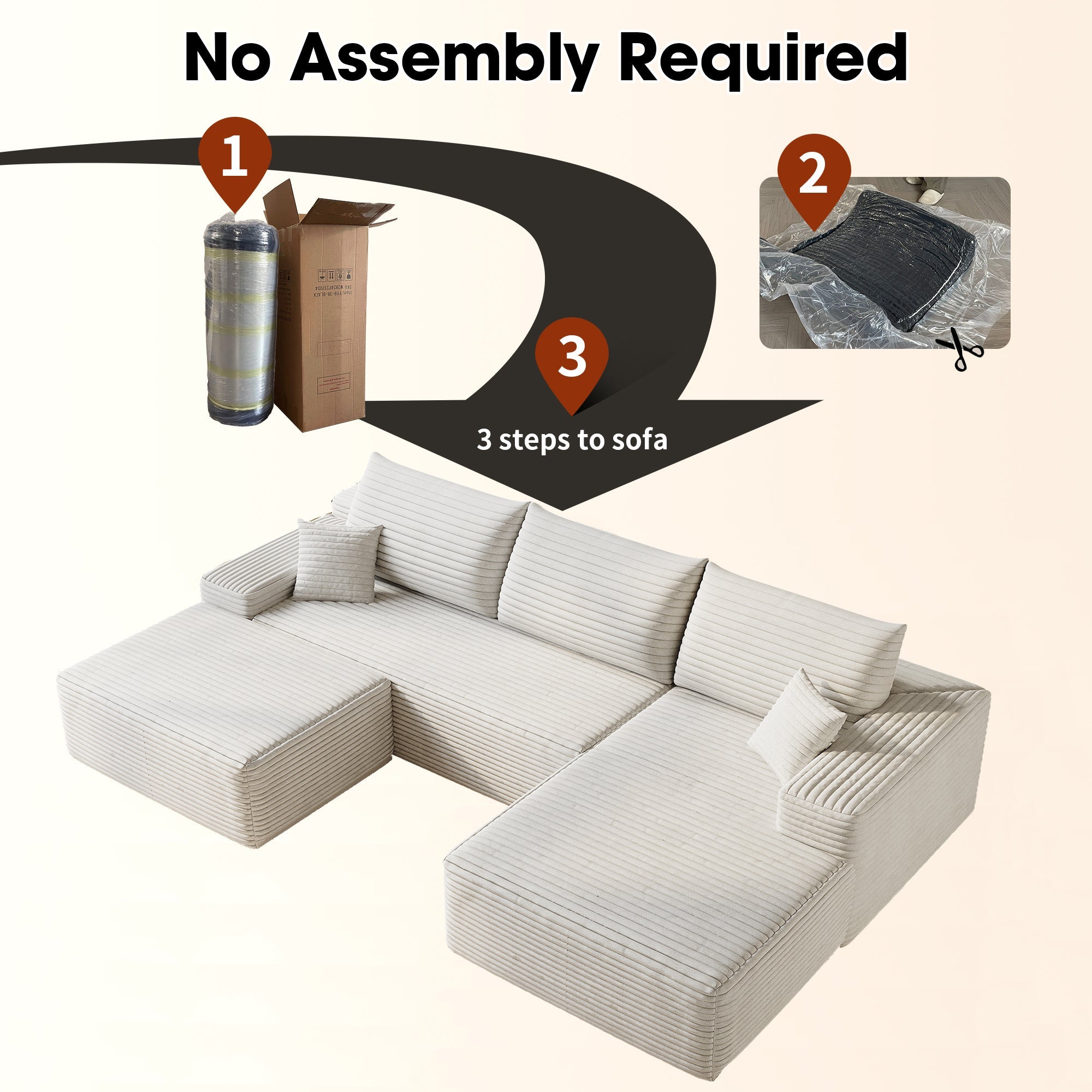 107' Cloud Sectional Sofa with 1 Ottoman,Modern Minimalist Upholstered Couches, Comfort U Shaped Sofa for Living Room,Deep Seat Corner Couch,No Assembly Required (Plush Corduroy Fabric),White