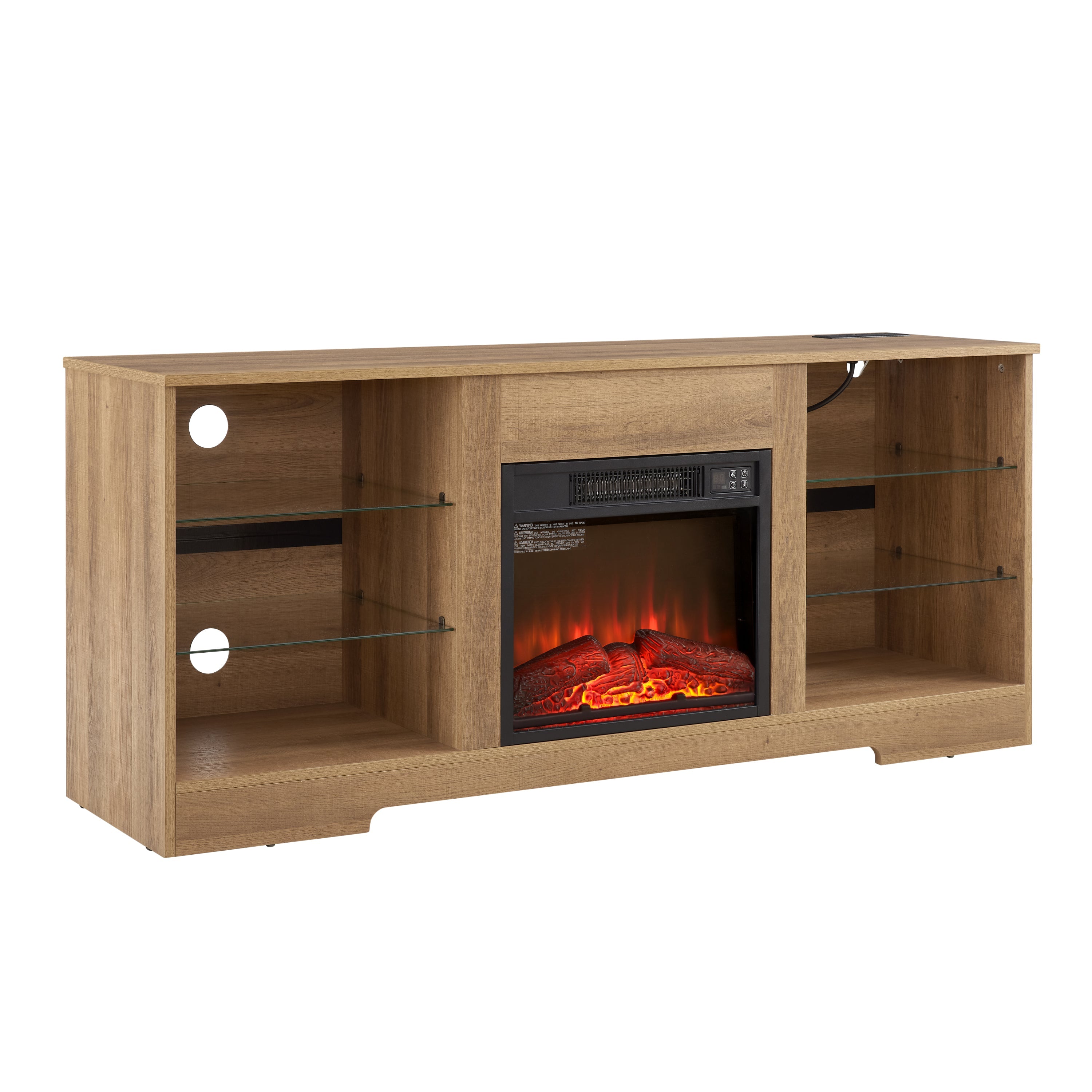 TV Stand Electric Fireplace  Glass Shelves, 3D Fireplace TV Stand with LED Lights Wood with USB Charging Outlet Modern Television Table Center for TV up to 62' OAK 58''W*15.5''D*24.4