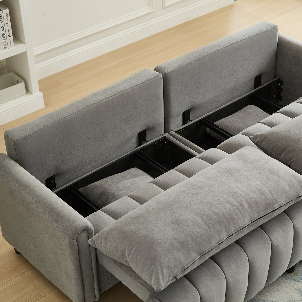 83'' Futon Sofa Bed, Polyester Fabric Comfy Futon Couch Bed with 2 Square Pillows, Convertible Sleeper Sofa with Adjustable Backrest,  Modern Loveseat Sleeper for Living Room, Gray