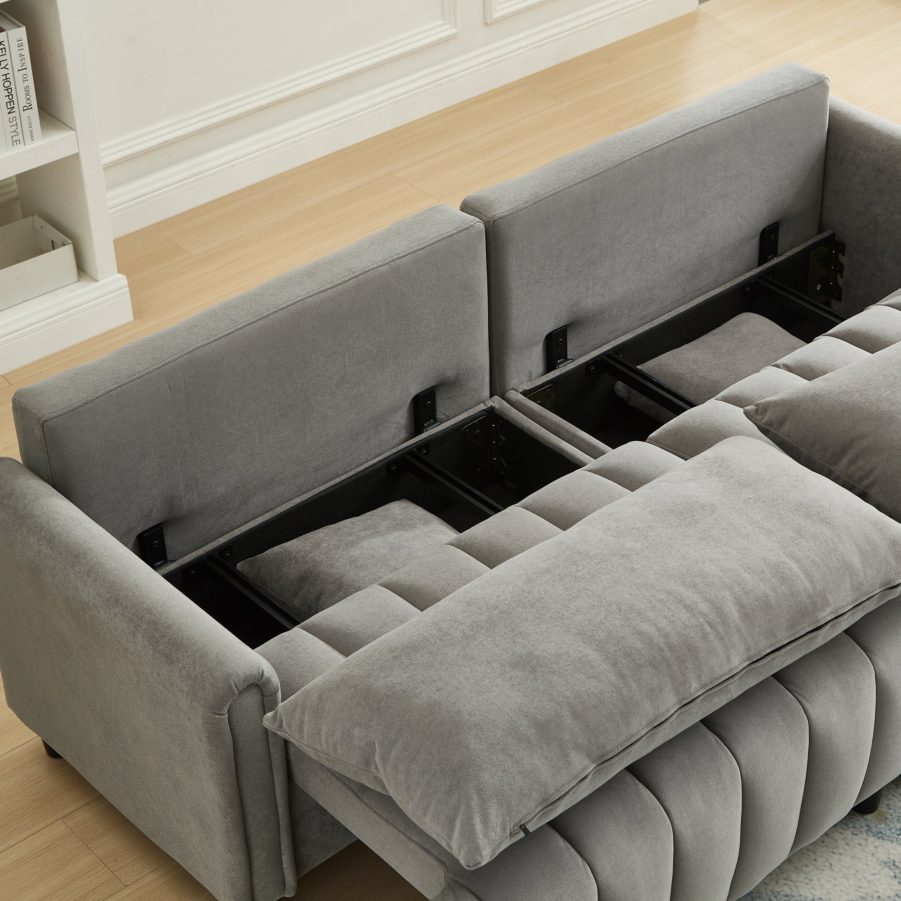 83'' Futon Sofa Bed, Polyester Fabric Comfy Futon Couch Bed with 2 Square Pillows, Convertible Sleeper Sofa with Adjustable Backrest,  Modern Loveseat Sleeper for Living Room, Gray
