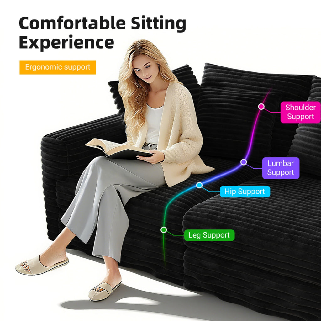 104.3 ' Plush Corduroy 4-Seat Sofa, Modern Comfy Upholstered Sofa Cloud Couch, Deep Seat Couches with Soft Pillows and 2 Ottomans, Convertible Sofa Lounge Chair, for Living Room,Apartment,Office,Black