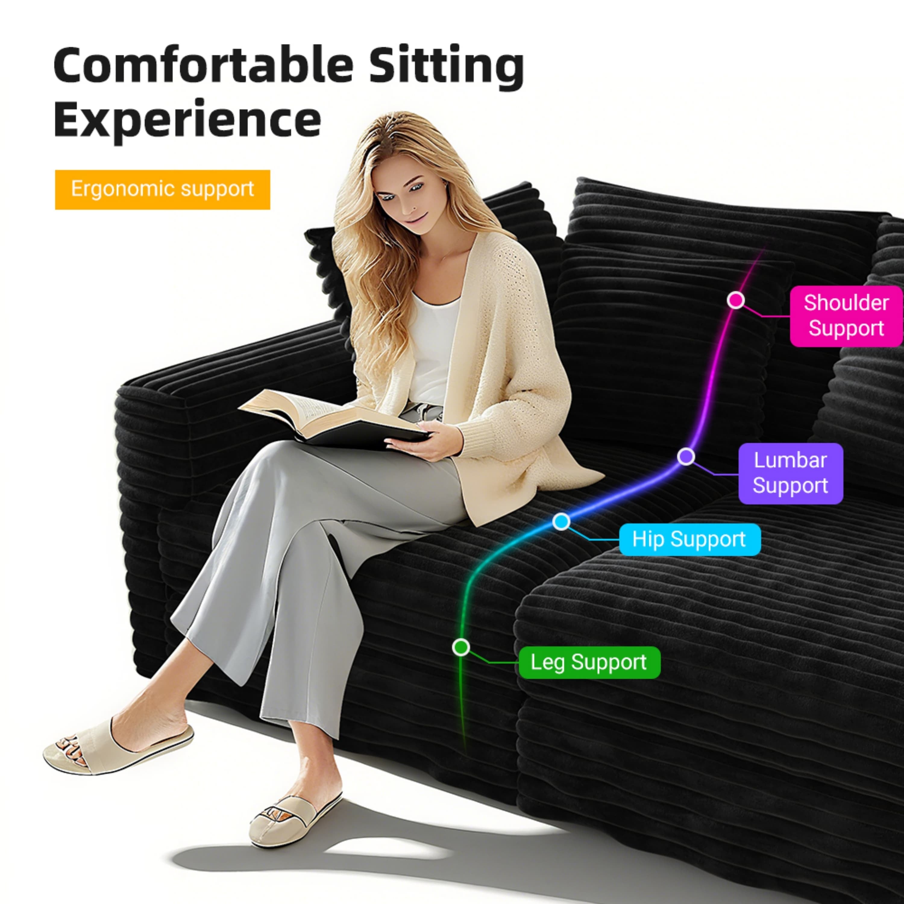 104.3 ' Plush Corduroy 4-Seat Sofa, Modern Comfy Upholstered Sofa Cloud Couch, Deep Seat Couches with Soft Pillows and 2 Ottomans, Convertible Sofa Lounge Chair, for Living Room,Apartment,Office,Black