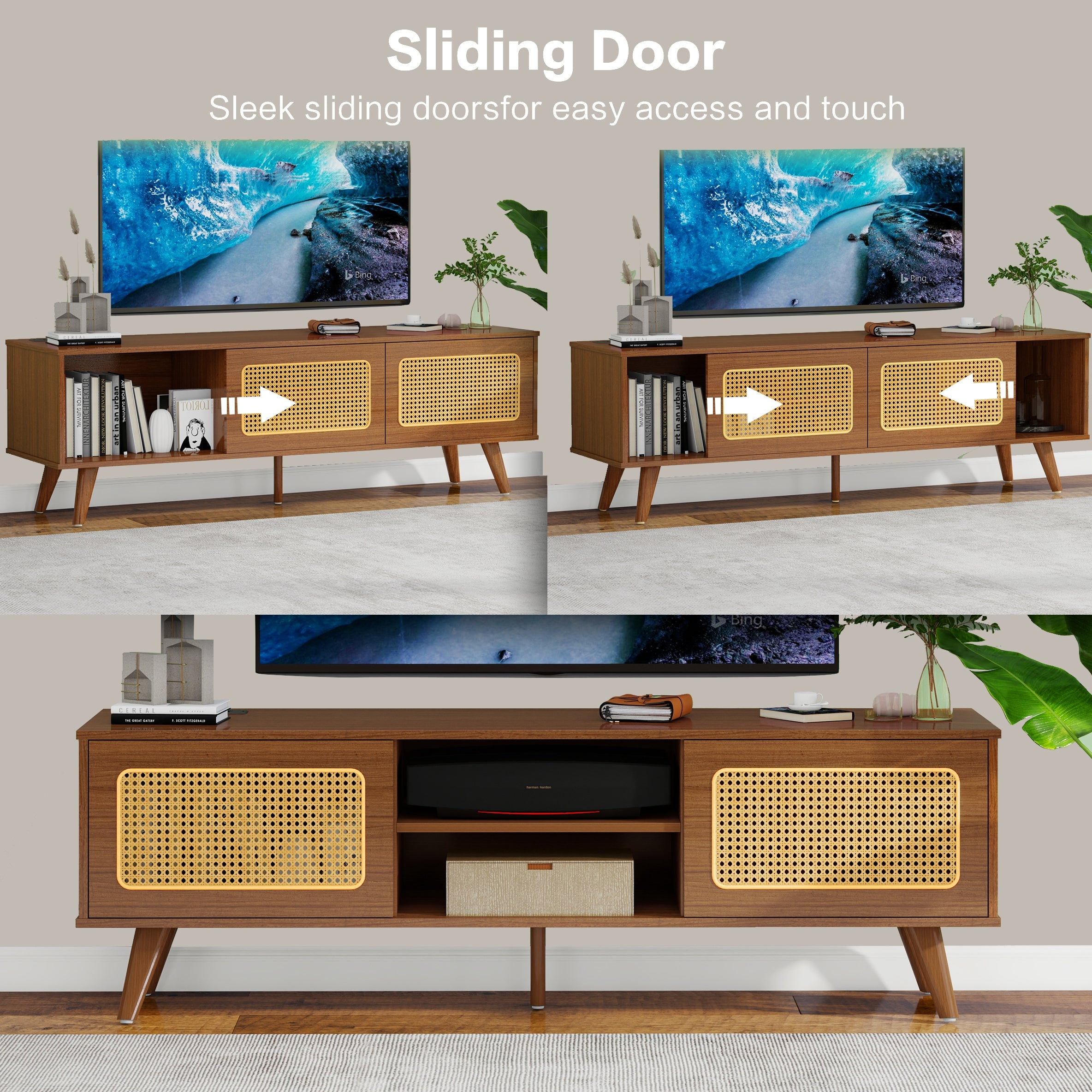 Mid Century Modern Rattan TV Stand for 55/60/65 inch TV , Entertainment Cabinet, Media Console for Living Room Bedroom Media Room, Solid Wood Feet & Rattan Cabinet Doors  (Walnut, 59')