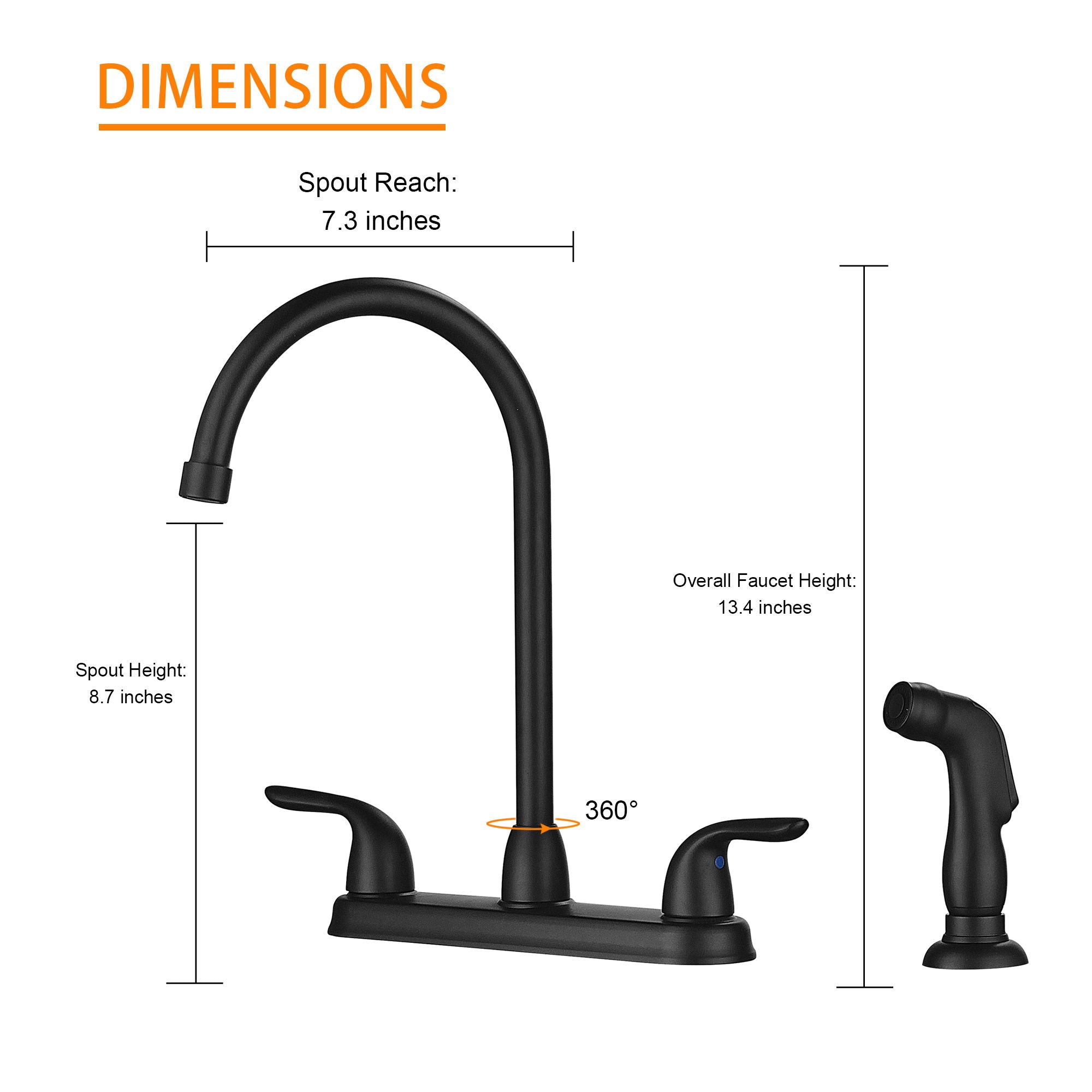Kitchen Sink Faucet With 2 Handles And Pull Out Side Sprayer, 4 Hole Installation