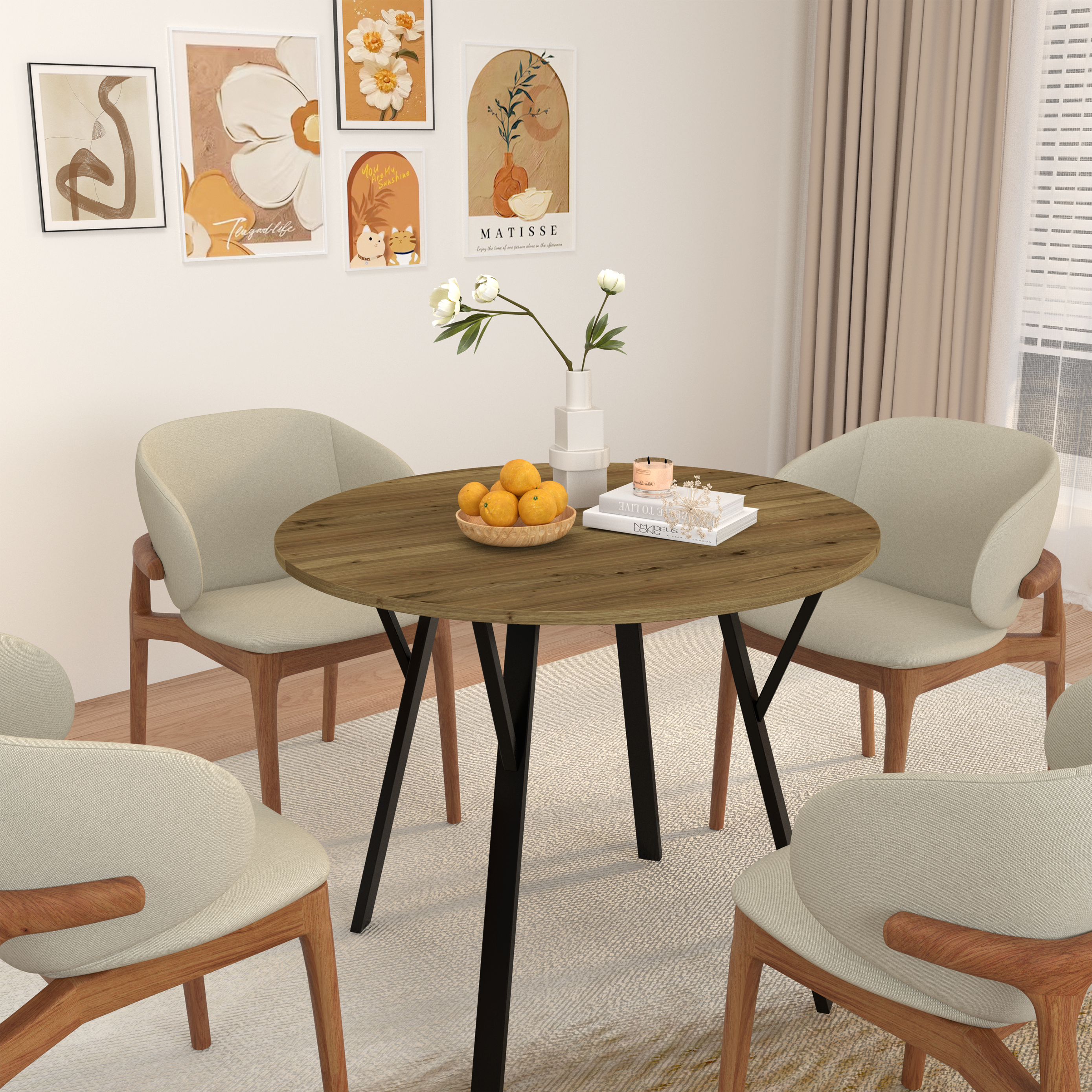 35.43 Inch Round Dining Table, Small Circle Kitchen Table with Metal Black Legs for 2-4 people,Modern Dining Room Table, Brown (only table)
