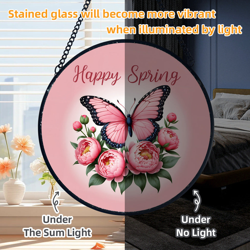Happy Spring Pink Butterfly Glass Suncatcher