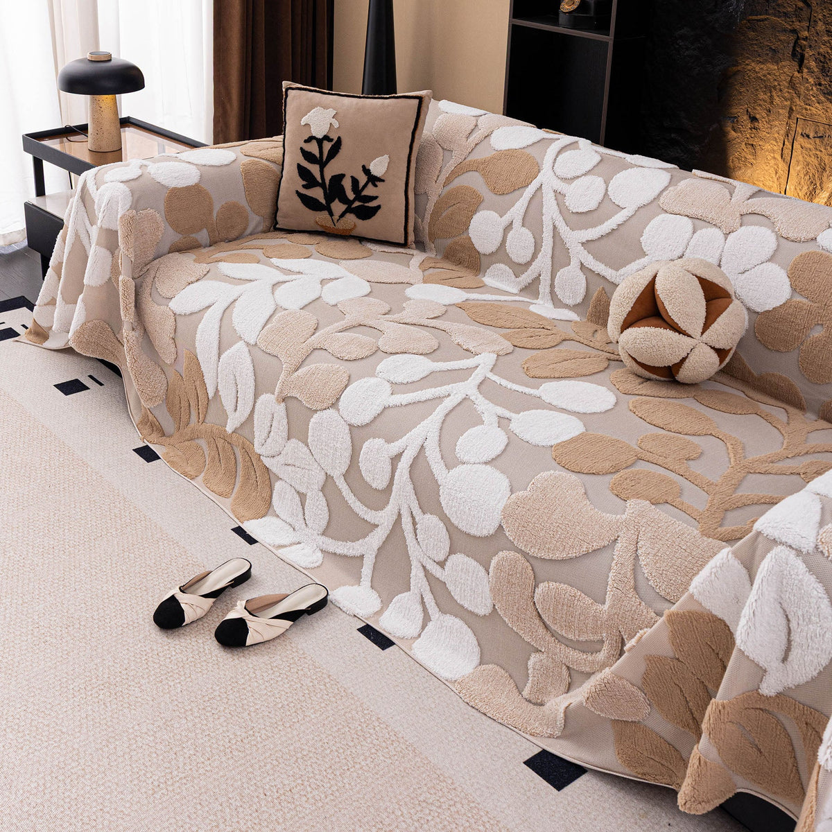 Vintage Boho Floral Sofa Throw Cover, 3D Soft Tufted Plush Couch Protector Futon Cover