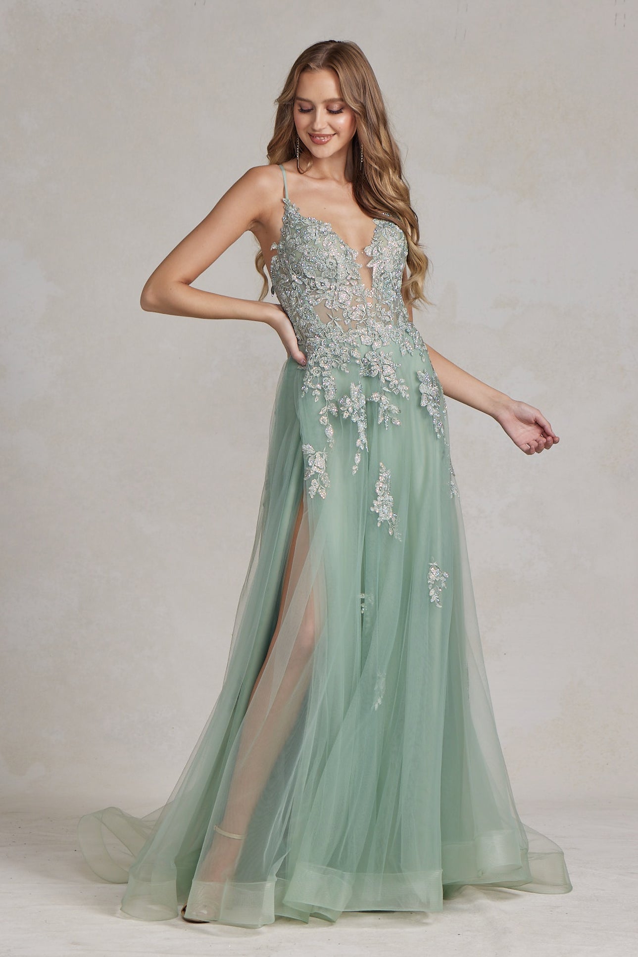 Romantic Floral Lace Embellished A-Line Graduation Dress w/ Charming Leg Slit NXG1149