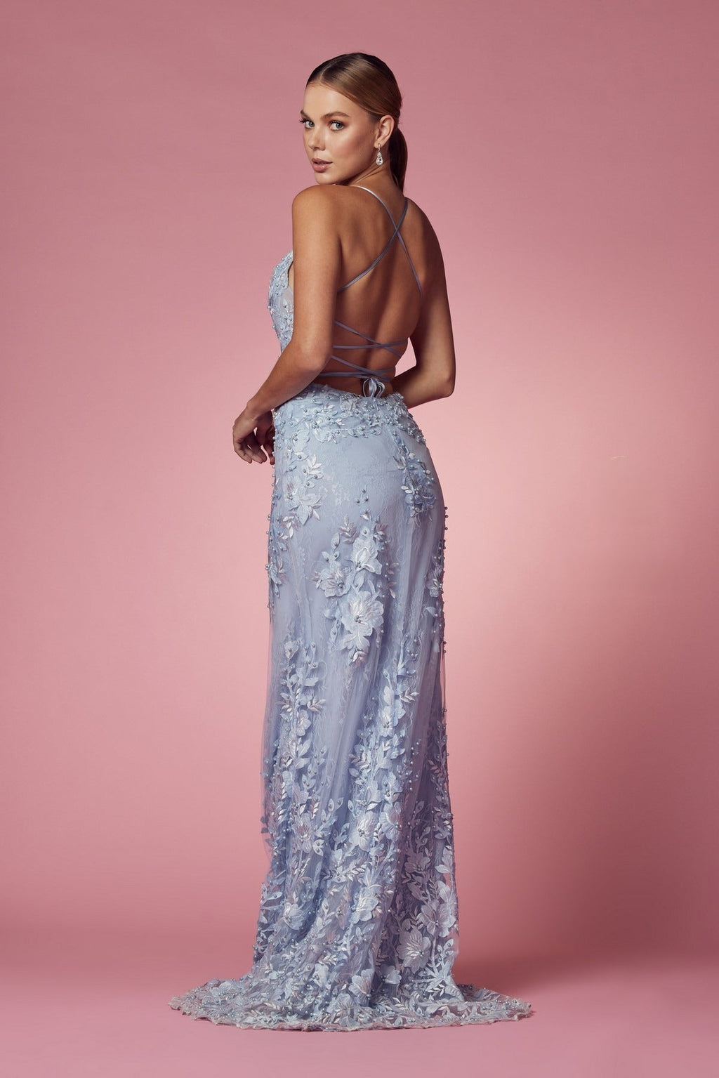 Pearls Embellished Long Formal Gown w/ Floral Motif & Plunging Neckline NXF485