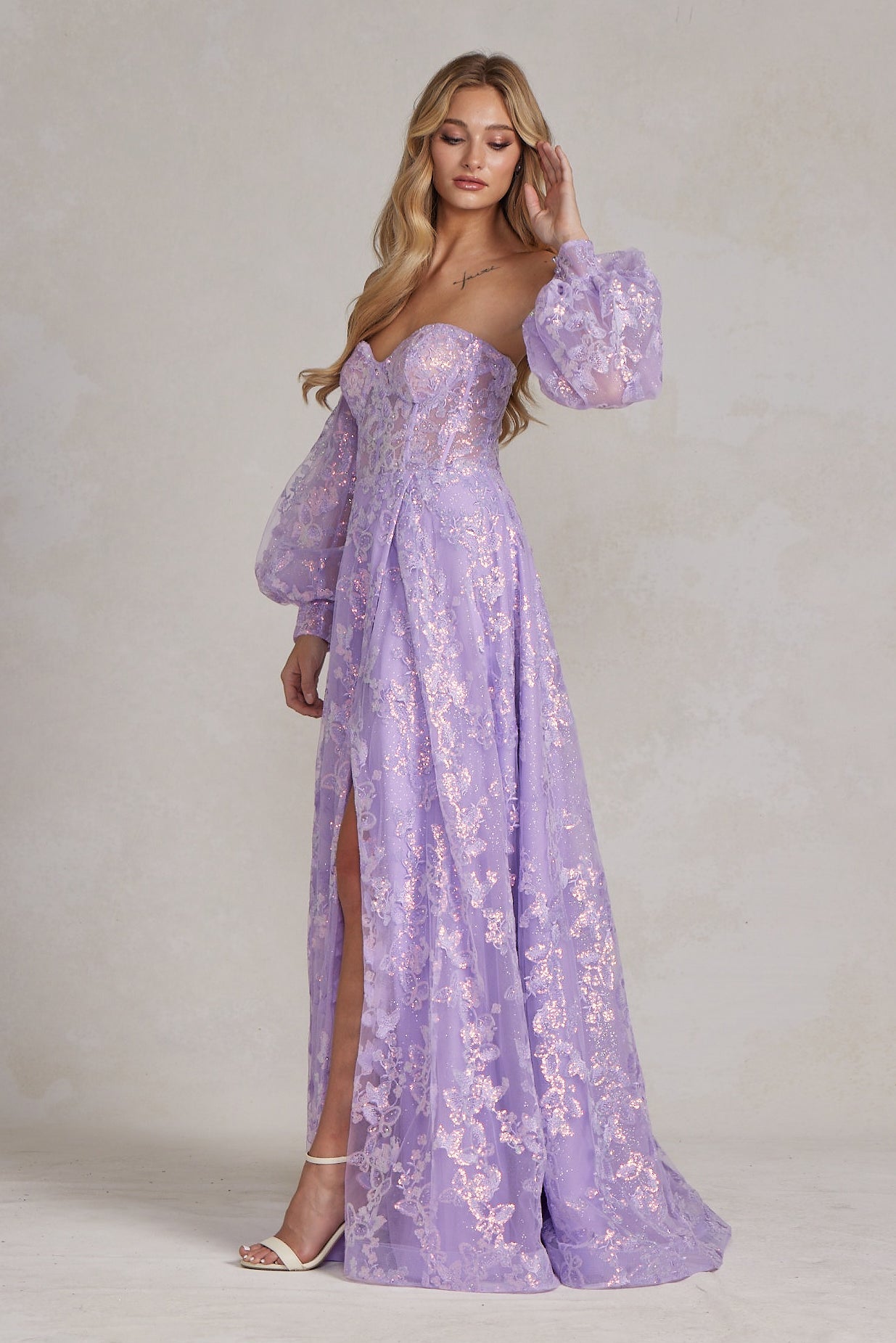 Off The Shoulder Stunning Gown w/ Sequins Embroidery & Long Puff Sleeves NXK1155