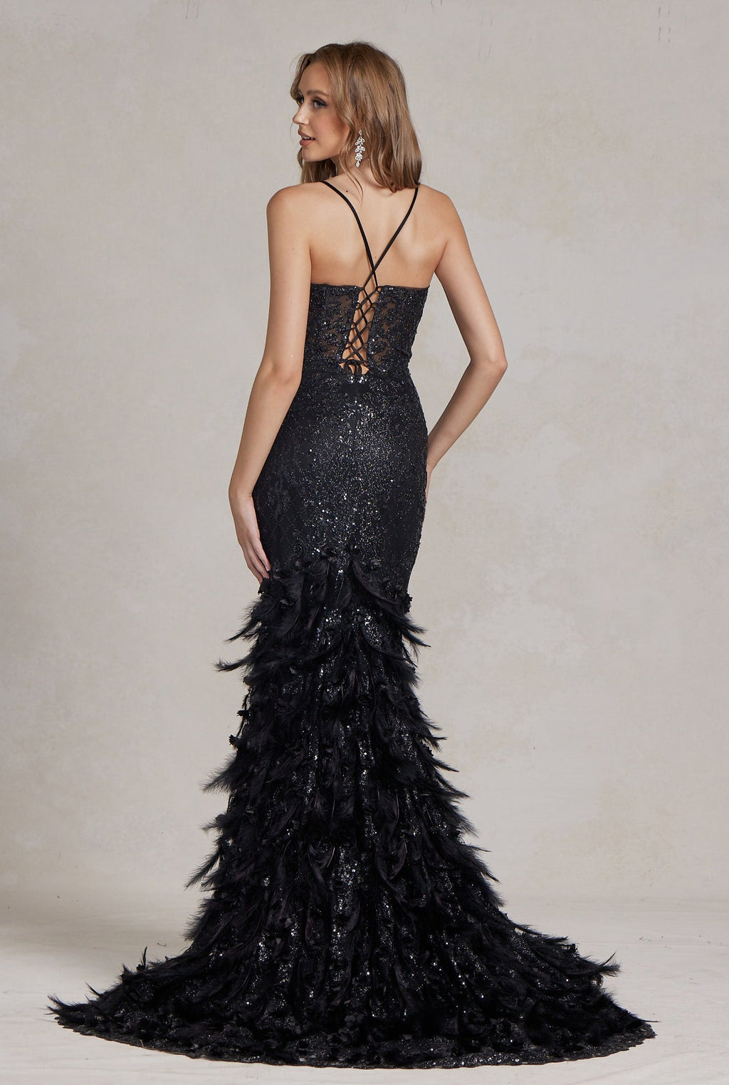 Soft Feathers Embellished Dramatic Mermaid Gown w/Plunging Neckline & Lace up Back NXC1111